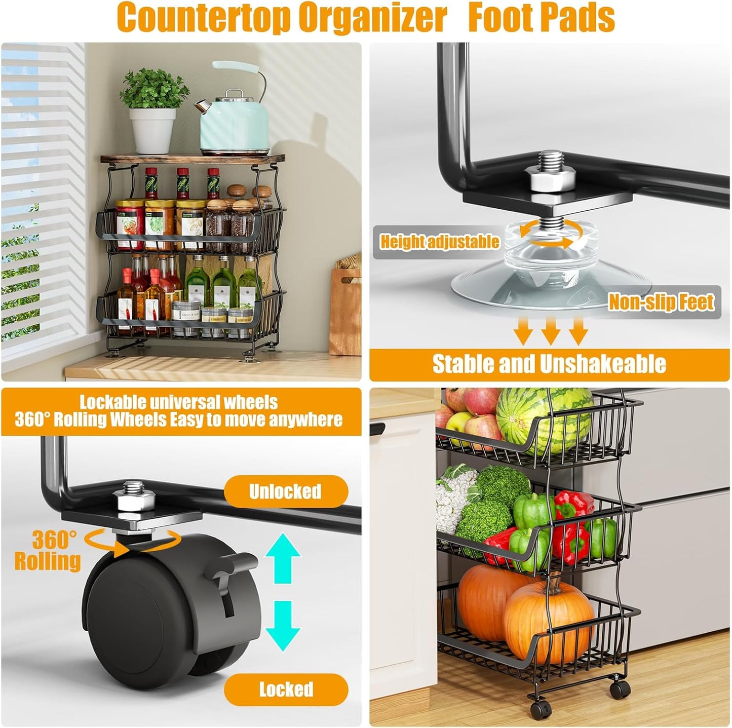 Fruit Vegetable Basket for Kitchen, 5 Tier Stackable Fruit Vegetable Storage Baskets with Wheels, Metal Wire Storage Basket Organizer Baskets for Kitchen, Pantry, Bathroom