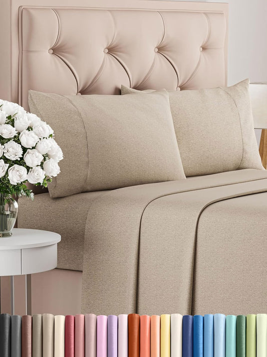 Cal King Size 4 Piece Sheet Set - Comfy Breathable & Cooling Bed Sheets Set - Hotel Luxury Bedding for Women, Men, Kids, Teens, Boys & Girls - Deep Pockets & Wrinkle Free - Beige (Heathered Sheets)