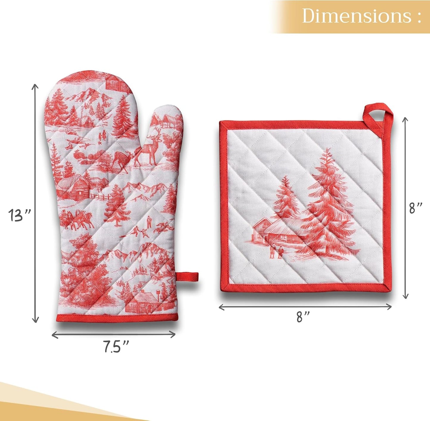 Maison d' Hermine 100% Cotton Oven Mitt & Pot Holder Set (7.5"x13" & 8"x8") Heat Resistant BBQ Cooking Gloves with Loop, Baking, Grilling, Kitchen, Handling Hot Pans (Winter Jouy)