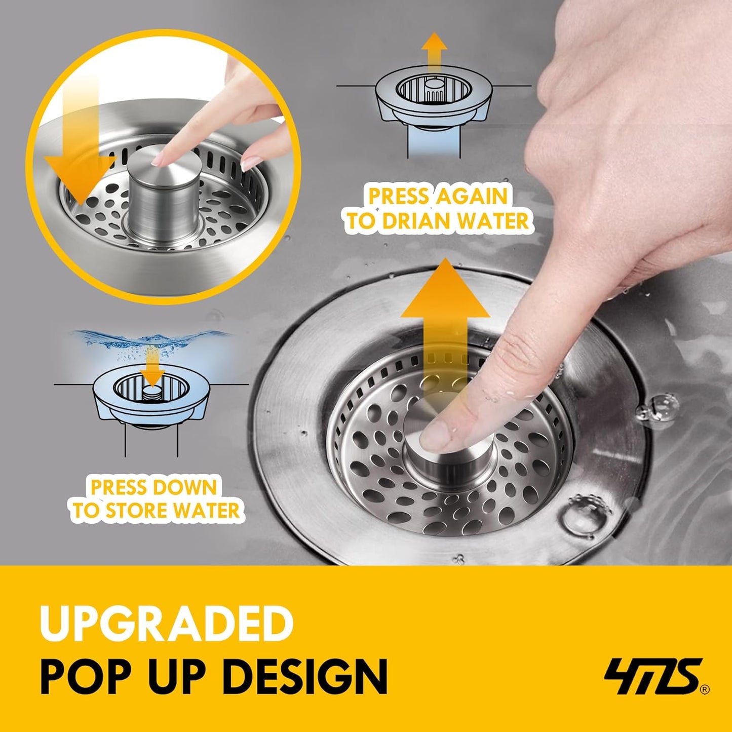 5-in-1 Stainless Steel Sink Aid, Kitchen Sink Drain Strainer Food Catcher, Popup Kitchen Sink Stopper & Odor Filter, Kitchen Sink Strainer Accessories with Drain Basket (Classic Brushed)