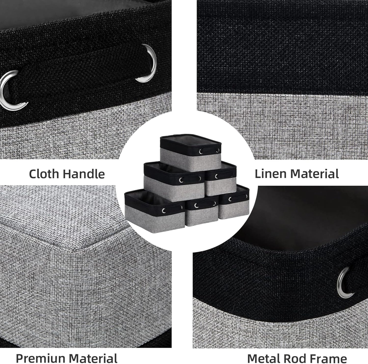 HNZIGE Storage Baskets for Storage Fabric Small Organizer Bins for Shelves,Collapsible Linen Baskets with Cloth Handles for Organizing Closet Nursery Home Shelves,Toy(Black&Gray,11.8" x 7.8" x 5.1")