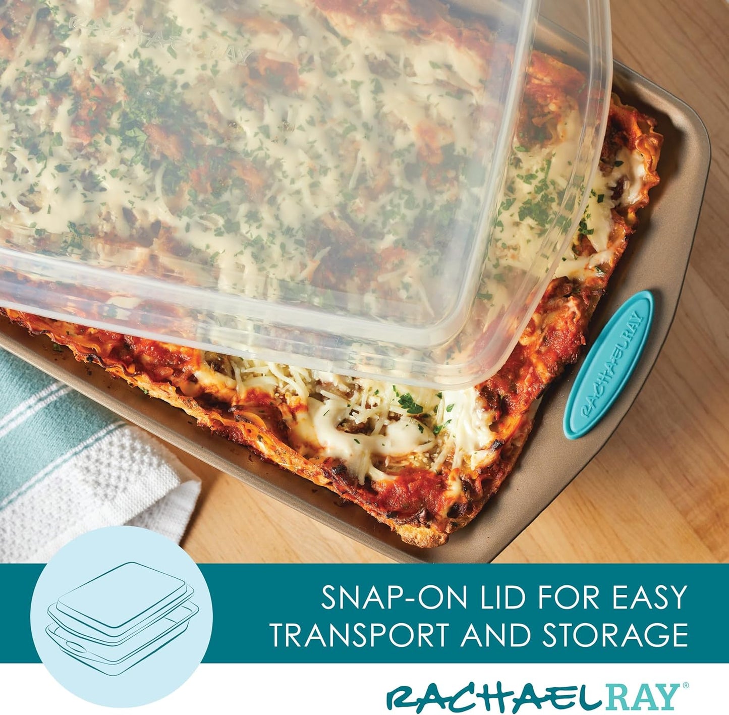 Rachael Ray 47578 Cucina Nonstick Bakeware Set with Grips Includes Nonstick Bread Pan, Baking Sheet, Cookie Sheet, Baking Pans, Cake Pan and Muffin Pan - 10 Piece, Latte Brown with Agave Blue Grips