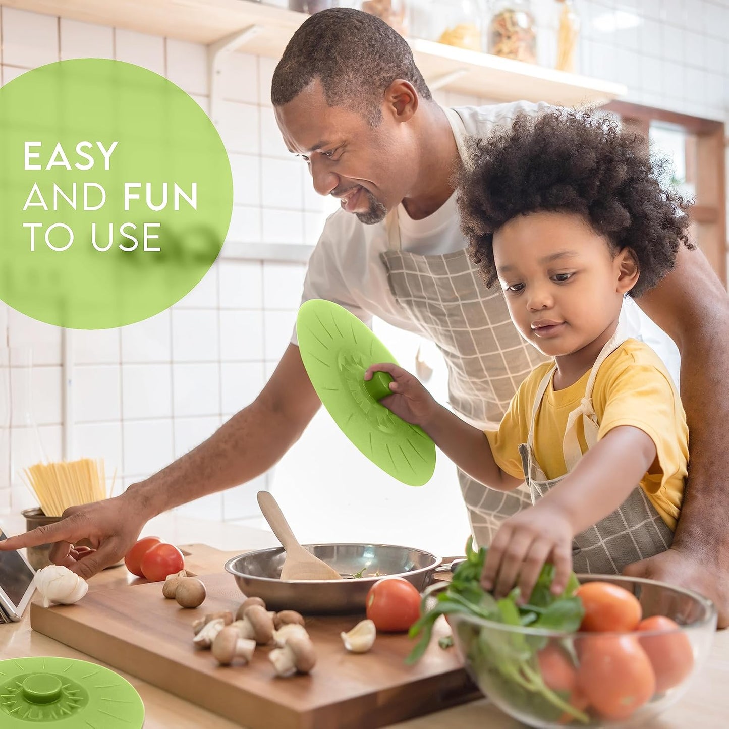 Silicone Bowl Lids Green Set of 5 Reusable Suction Seal Covers for Bowls, Pots, Cups. Food Safe. Natural grip, interlocking handles for easy use and storage.