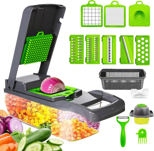 Vegetable Chopper Cutter Slicer Multifunctional 14-in-1 Food Veggie Salad Onion Chopper Cutter Dicer with Container, 8 Interchangable Blades, Hand Protector, Drain Strainer, Peeler, Brush
