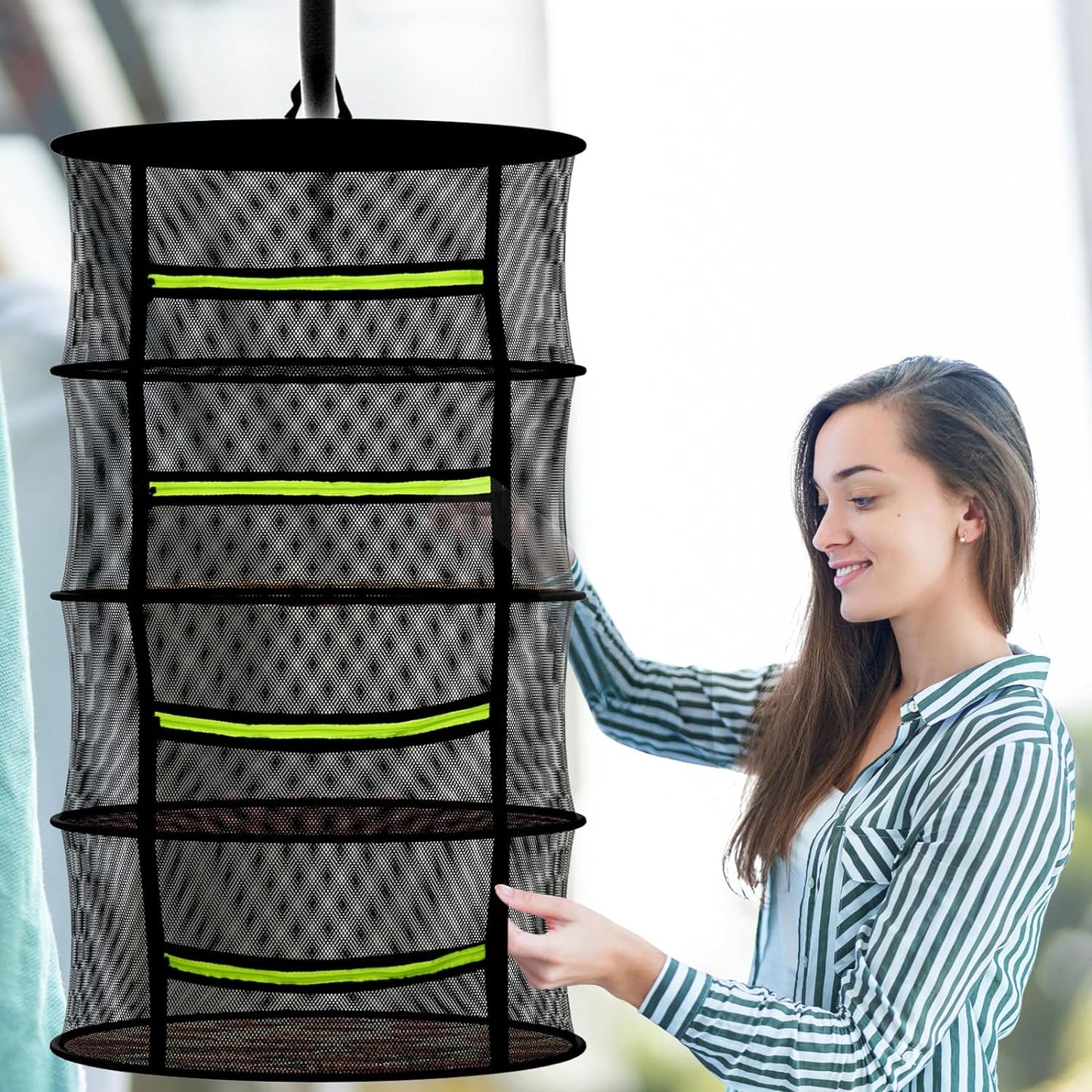Herb Drying Rack with Mesh Design, Hanging Drying Rack with Green Zipper & Garden Pruning Shears – Versatile Plant Drying Solution (6 Layers)
