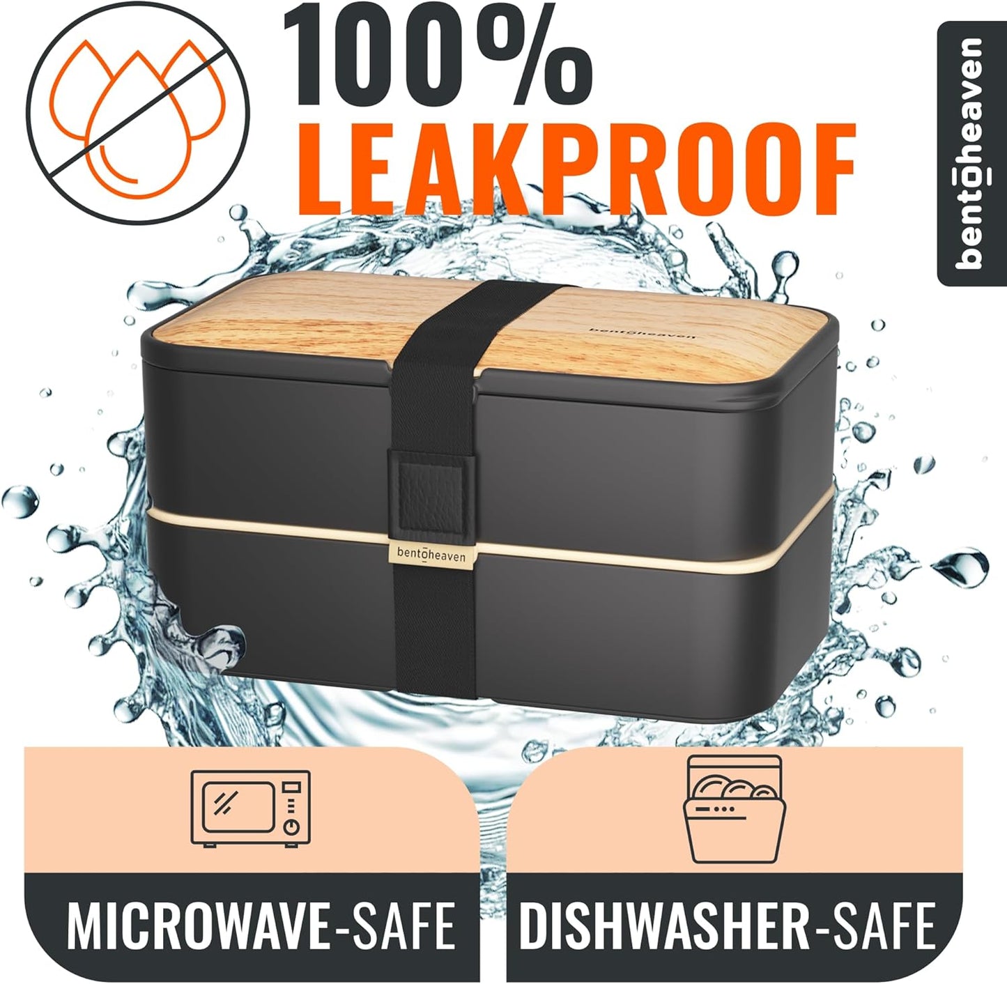 Bentoheaven Premium Bento Box Adult Lunch Box with Compartments for Women & Men, Set of Utensil & Chopsticks & Dip Container, Cute Japanese Kids Bento Lunch Box, Microwavable (Symph Onyx)