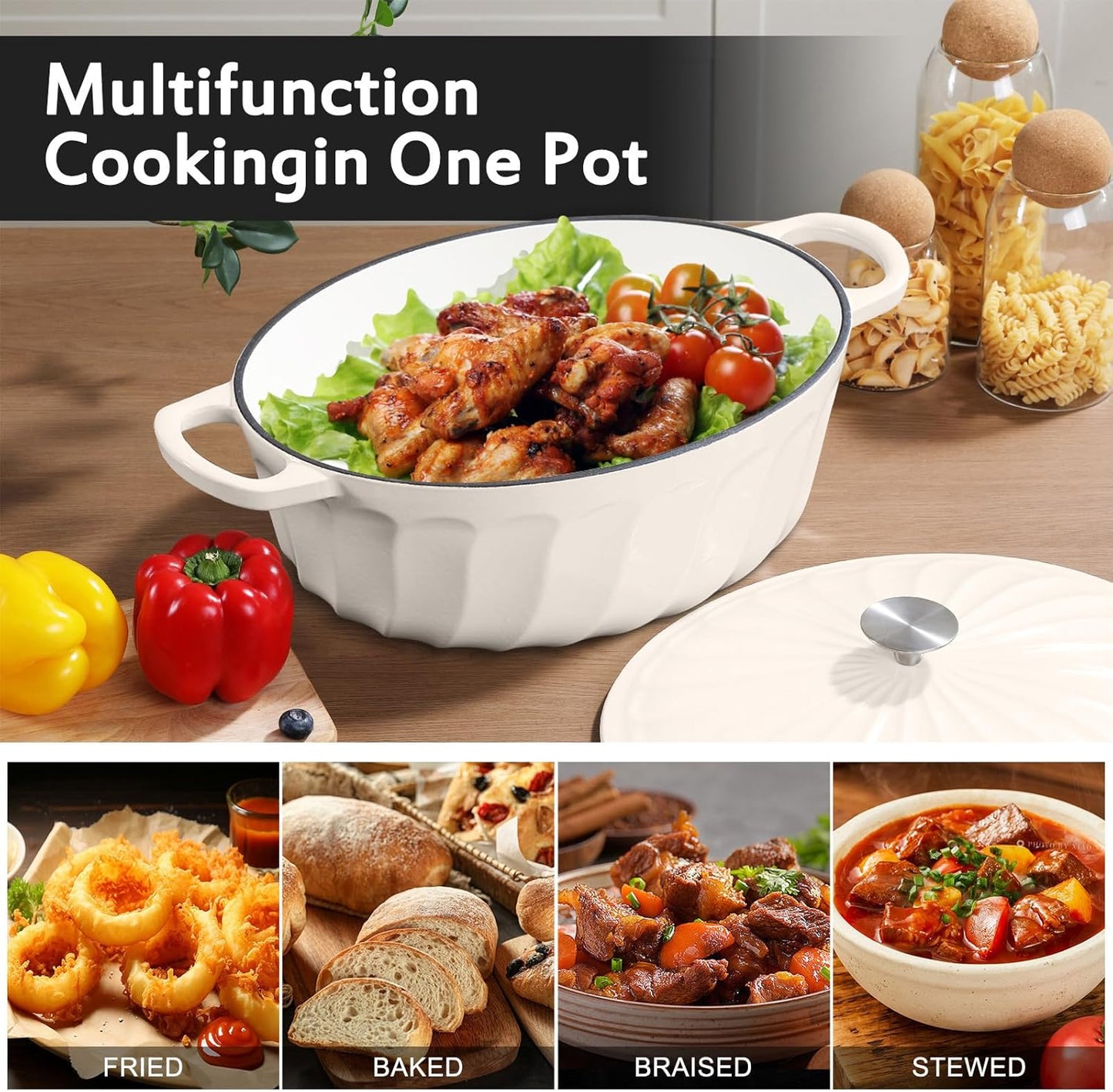 Enameled Oval Dutch Oven Pot with Lid, 7 QT Cast Iron Dutch Oven with Dual Handles for Cooking, Bread Baking, Frying, Non-stick Enamel Coated Oven (White)