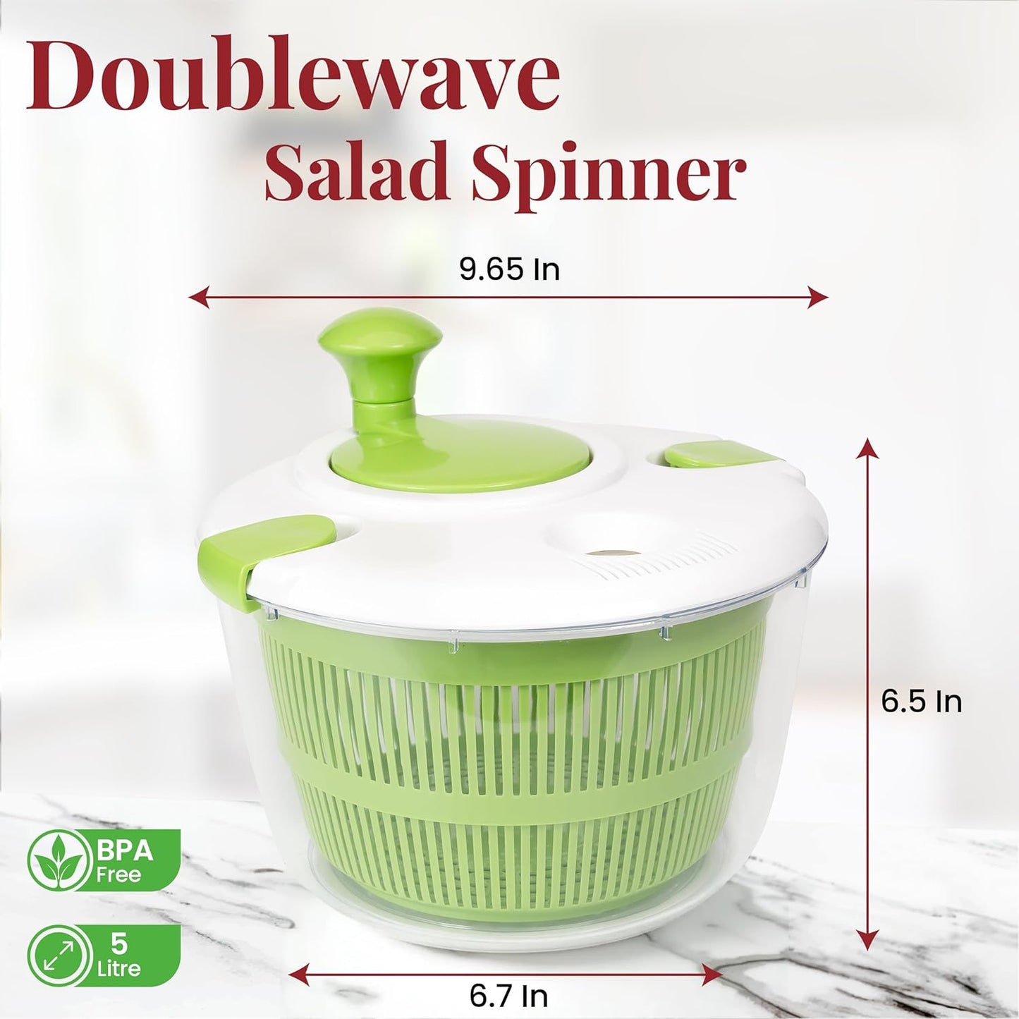 DoubleWave 5L Salad Spinner | Lettuce Spinner with Double Drainage Holes | Easy Fruit Spinner And Strainer for Washing, Spinning & Draining Fruits & Vegetables | BPA-Free & Easy to Clean