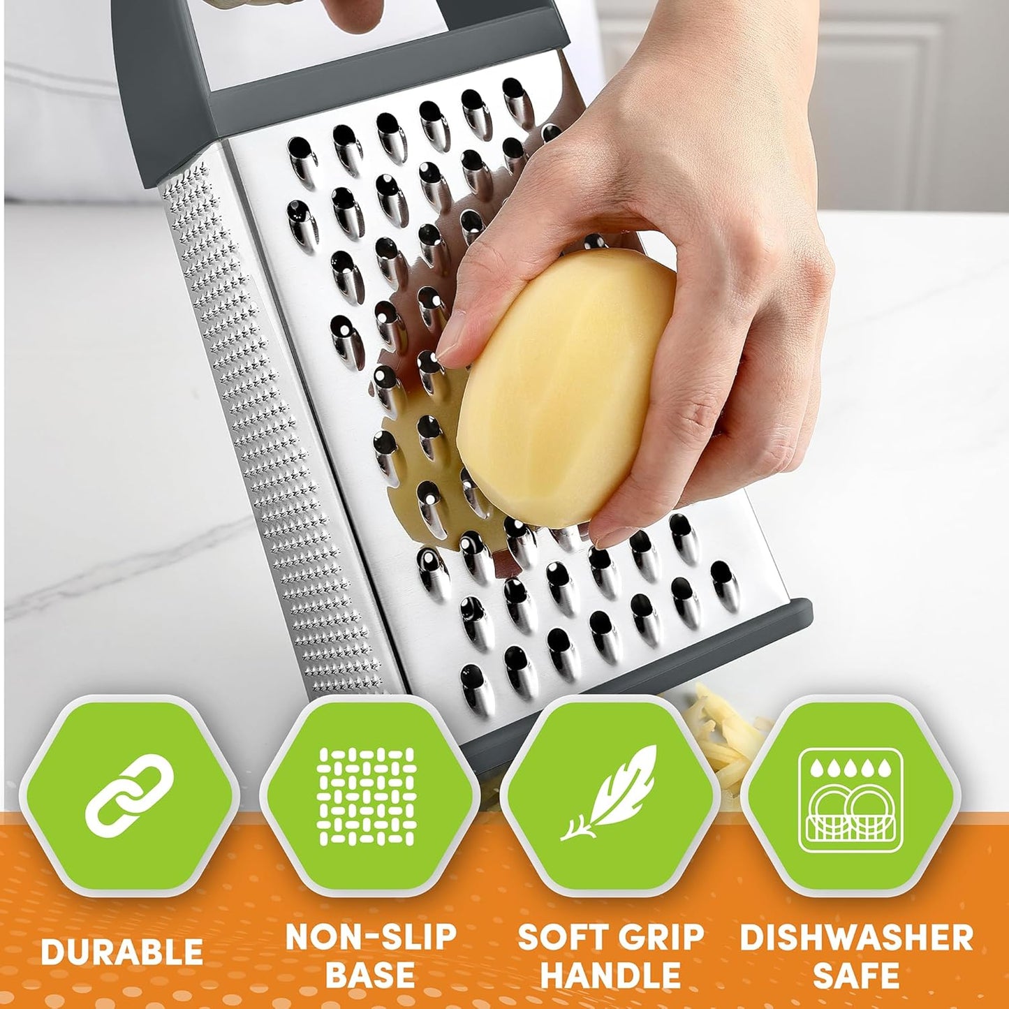 Spring Chef Professional Gray 10" Stainless Steel Parmesan Cheese Grater with Handle, 4 Sided Handheld Box Grater, Kitchen Carrot Shredder for Potato, Cheese, Ginger, Vegetables, Hashbrown