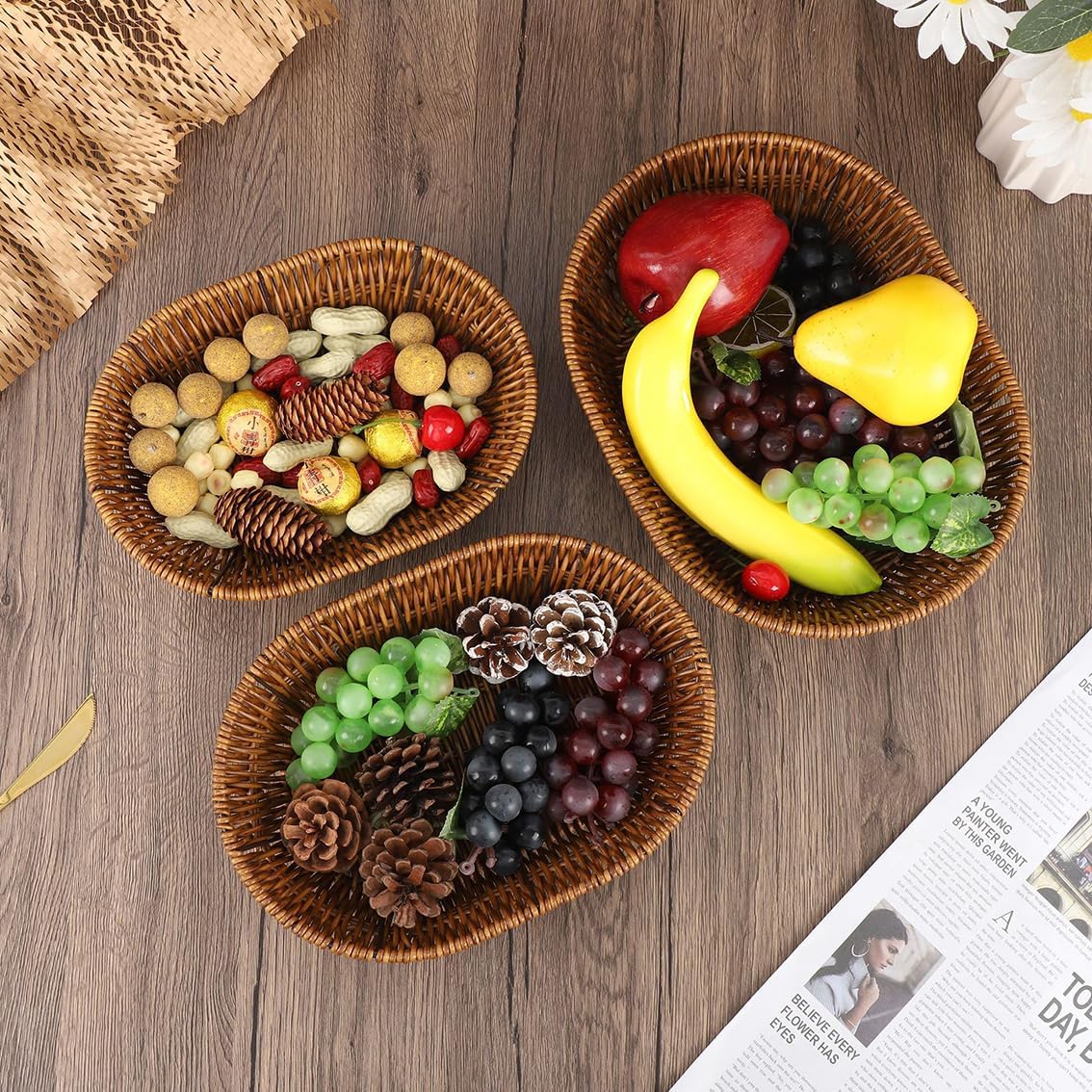 Fruit Baskets Wicker Bread Basket, Woven Tabletop Food Fruit Vegetables Serving, Restaurant Serving Basket,Shape (Elliptical shape)