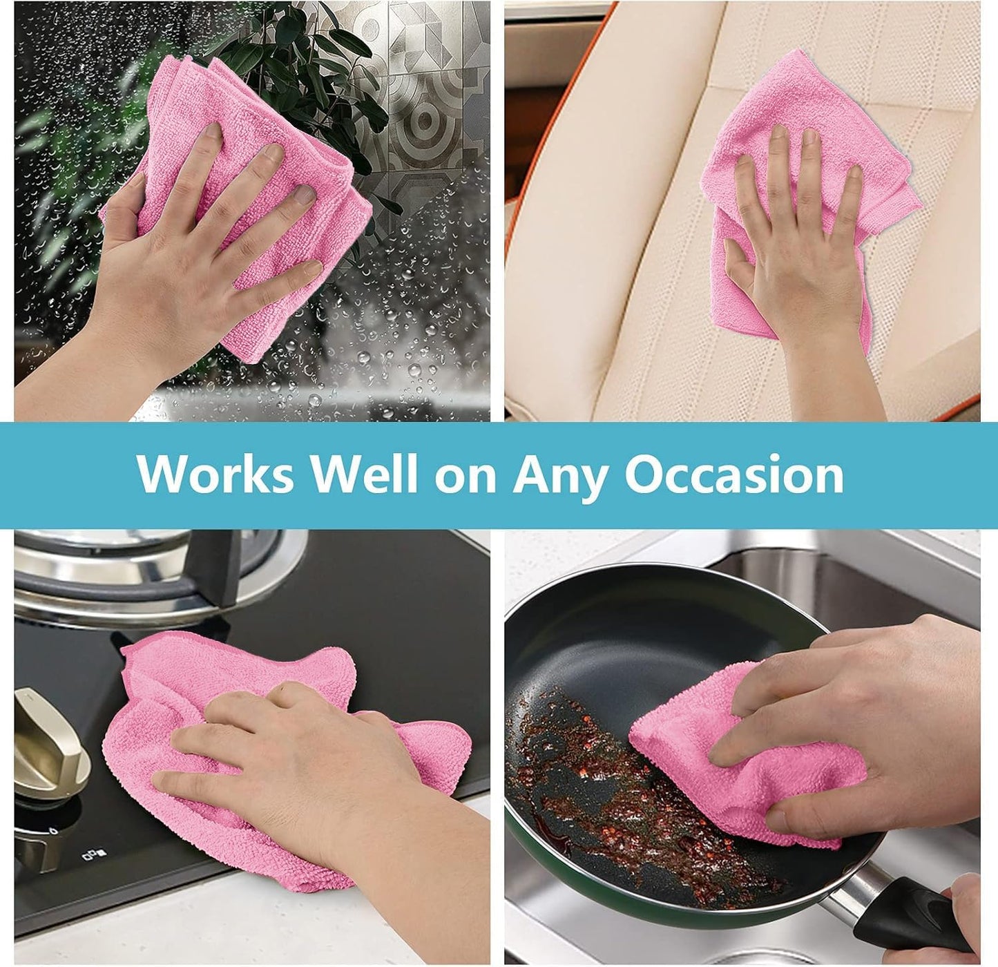 HOMEXCEL Pink Microfiber Cleaning Cloth, 50 Pack Cleaning Towels for Kitchen, Lint Free, Scratch-Free, Highly Absorbent, and Reusable Cleaning Rags for House, Window and Glass, Cars, 11.5 X11.5 inch