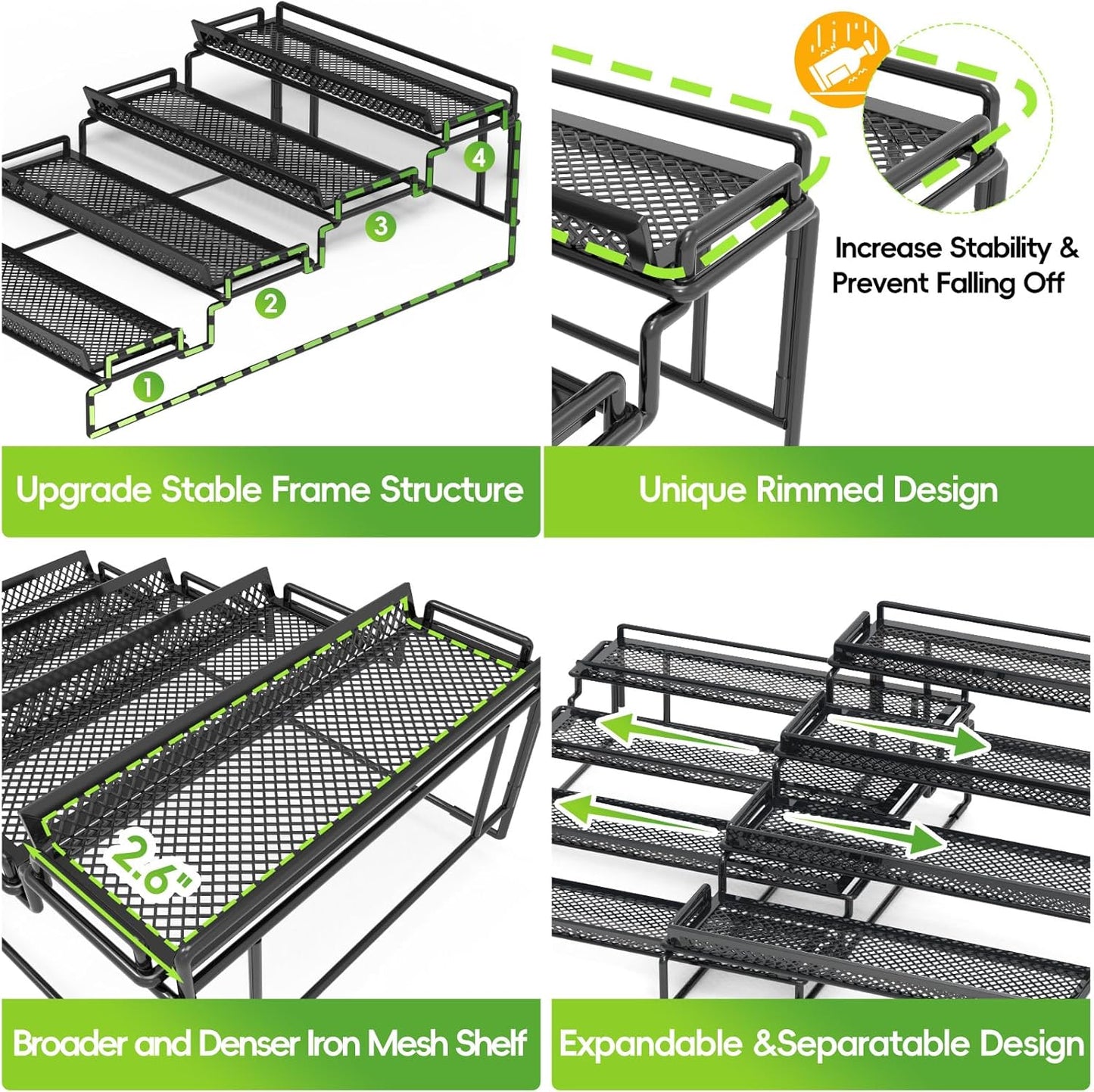 4 Tier Spice Rack Organizer for Inside Cabinet Expandable Display Riser Shelf Seasoning Organizer for Countertop Cupboard Pantry Adjustable Step Storage Holder with Protection Railing (Black, 2PC)