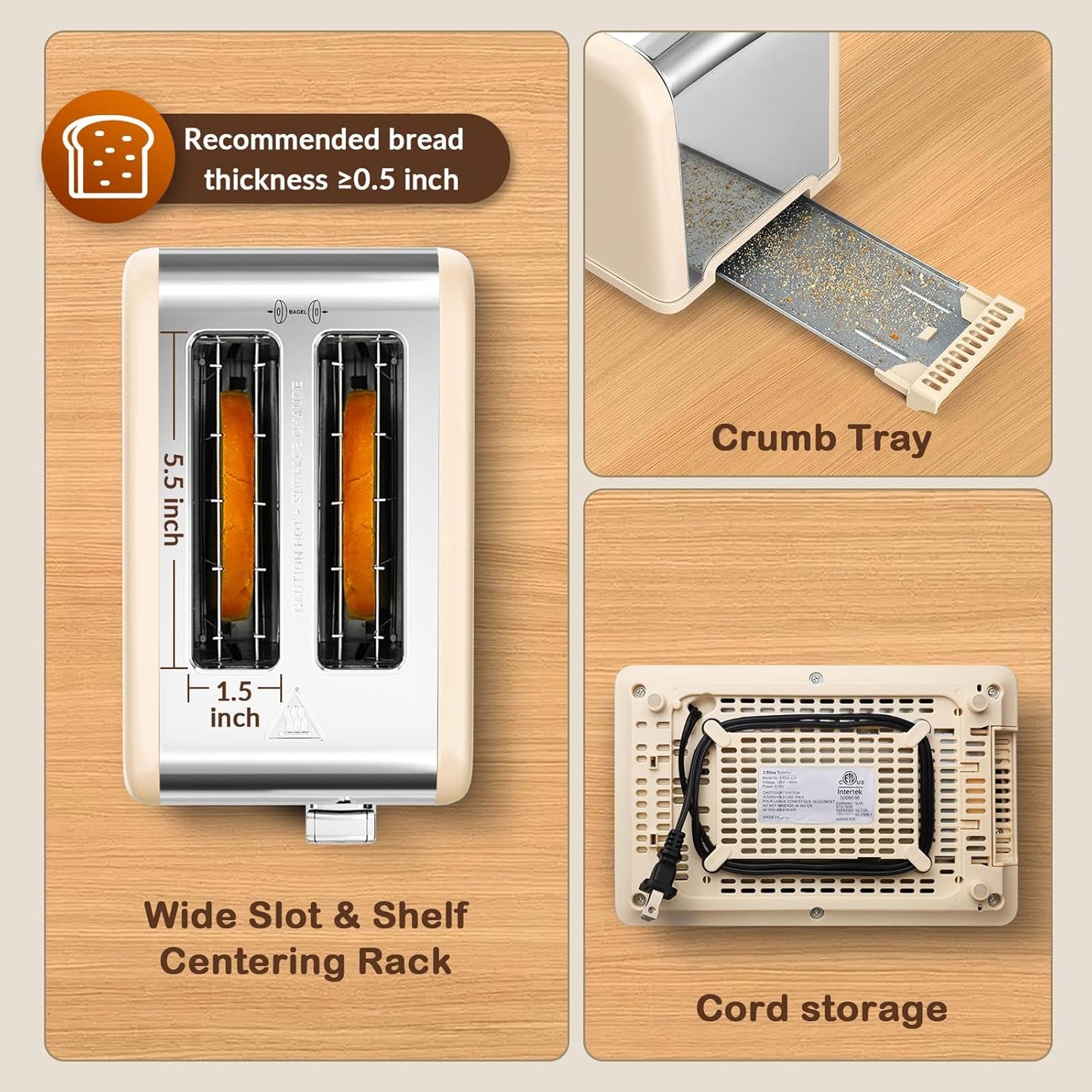 Mecity 2 Slice Touch Screen Toaster, 1.5" Wide Slot, Stainless Steel Smart Toaster for Bagels, Muffins, Waffles, Gluten-Free Breads, Defrost, Reheat, Timer, 120V 825W, Cream Color