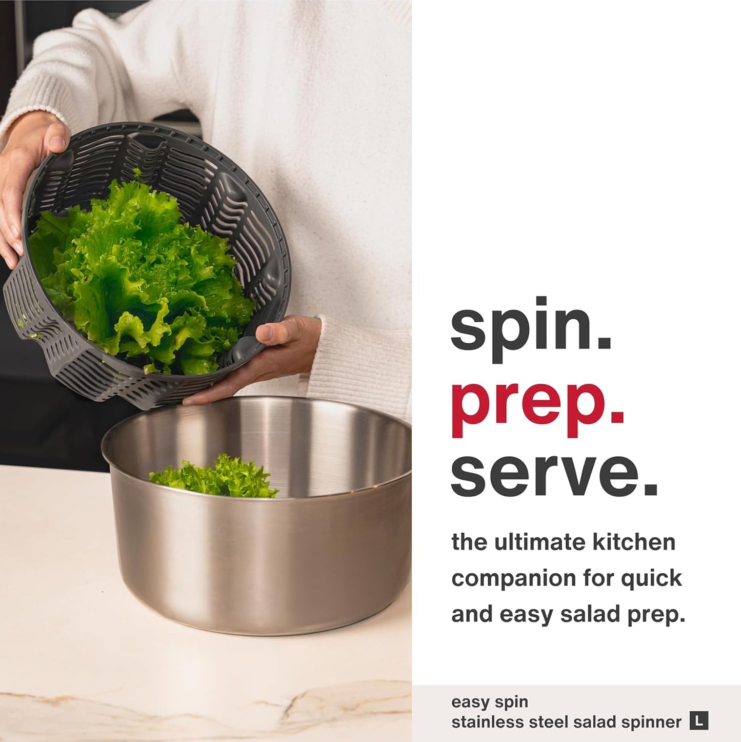 Zyliss Easy Spin Salad Spinner - Fruit & Veggie Dryer - Produce Spinner & Cleaner for Salad Prep - Dishwasher-Safe Kitchen Essential - Non-Slip Bowl with Pull Handle - New Stainless Easy Spin Large