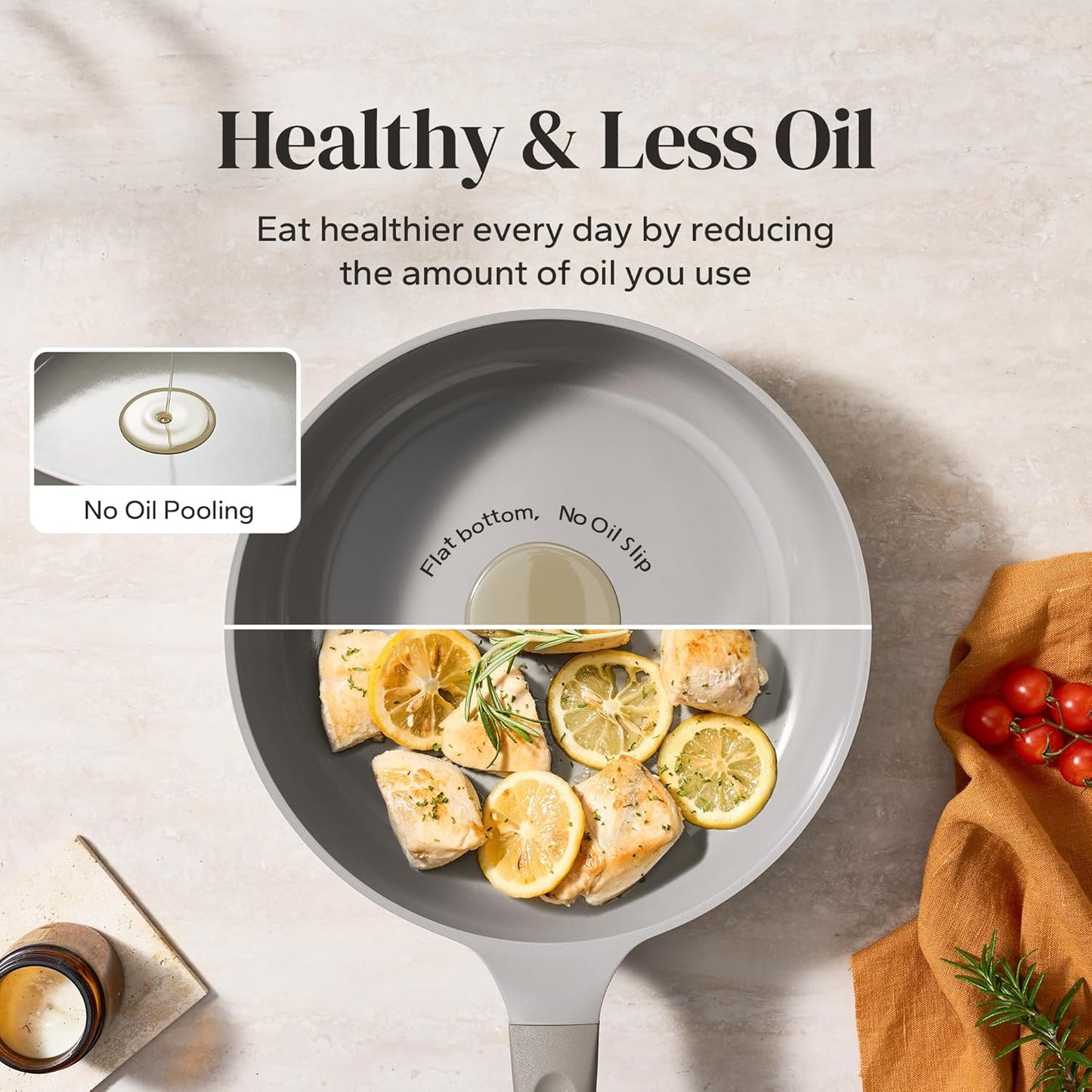 Redchef Deep Ceramic Frying Pan with Lid, Nonstick Saute Pan Cookware All Cooktop Compatibility, Stay-Cool Handles, PFOA Free, Healthy Coating, Tempered Glass Cover, Even Heat, Grey (3.7Qt, 10")