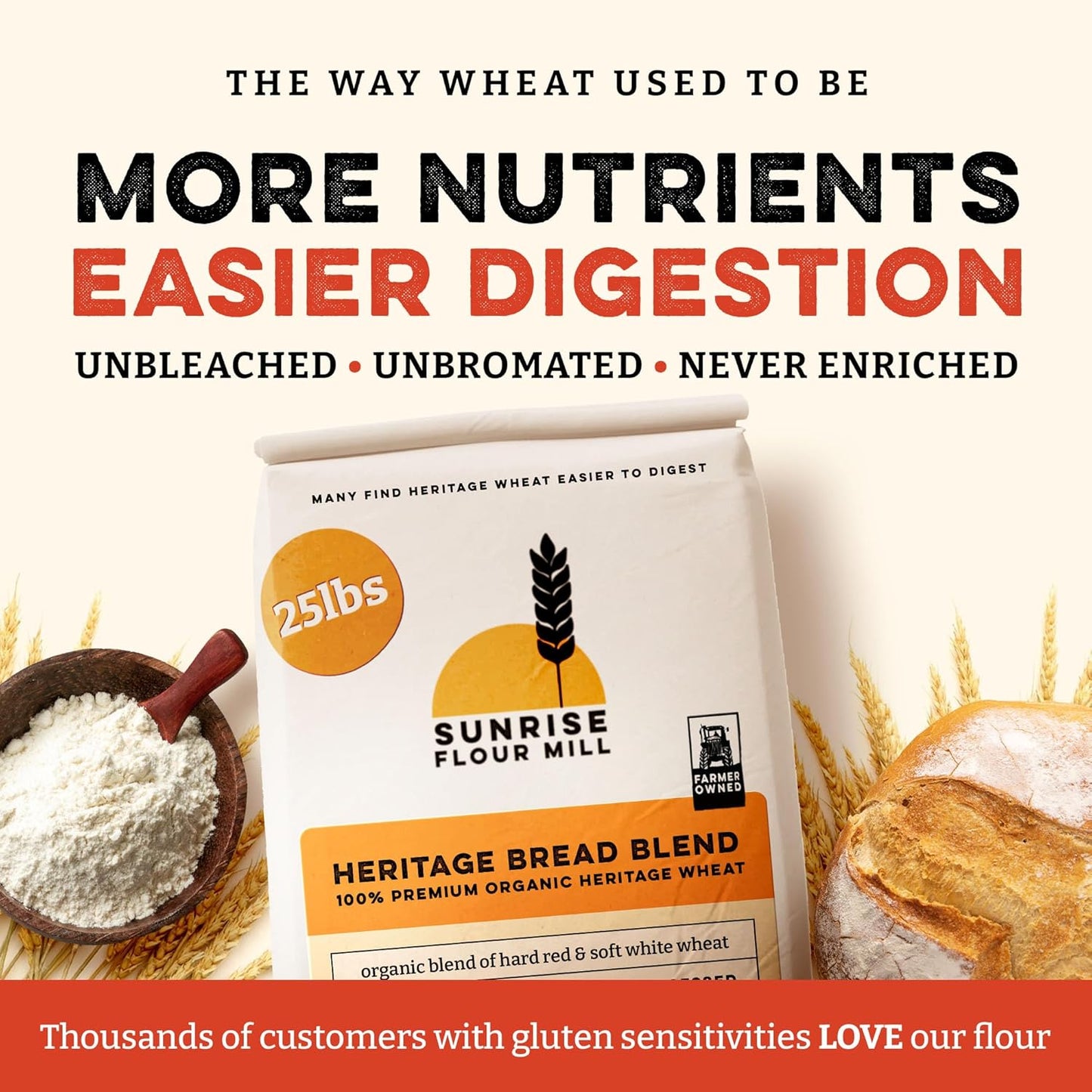 Sunrise Flour Mill Heritage Organic Bread Flour Blend - 25 lbs | Organic Unbleached Bread Flour Easy to Digest with Less Bloating | High Protein, Superior Baking | Smooth, Nutty Flavor
