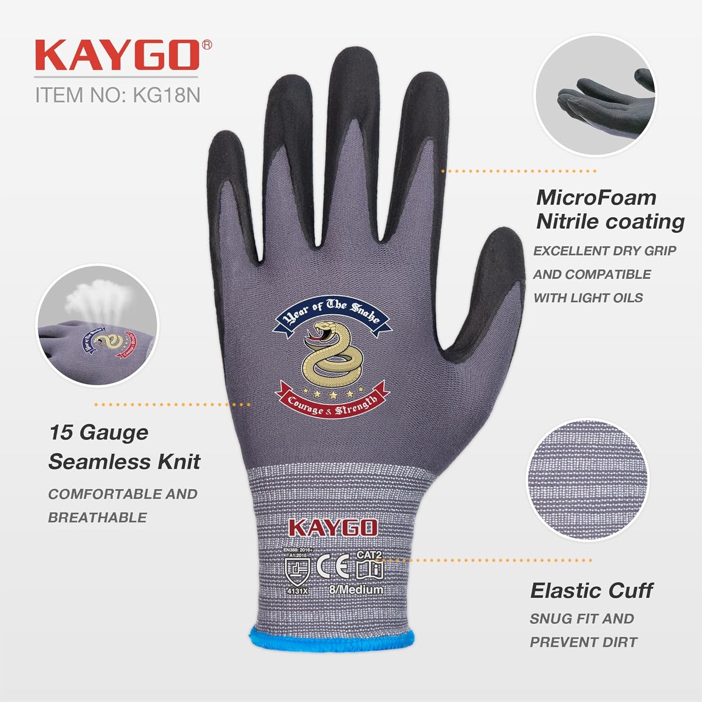 KAYGO Safety Work Gloves MicroFoam Nitrile Coated, 3 Pairs KG18NB,Seamless Knit Nylon Glove for Men and Women, Ideal for Automotive,Warehouse,Construction (XL,Gray)