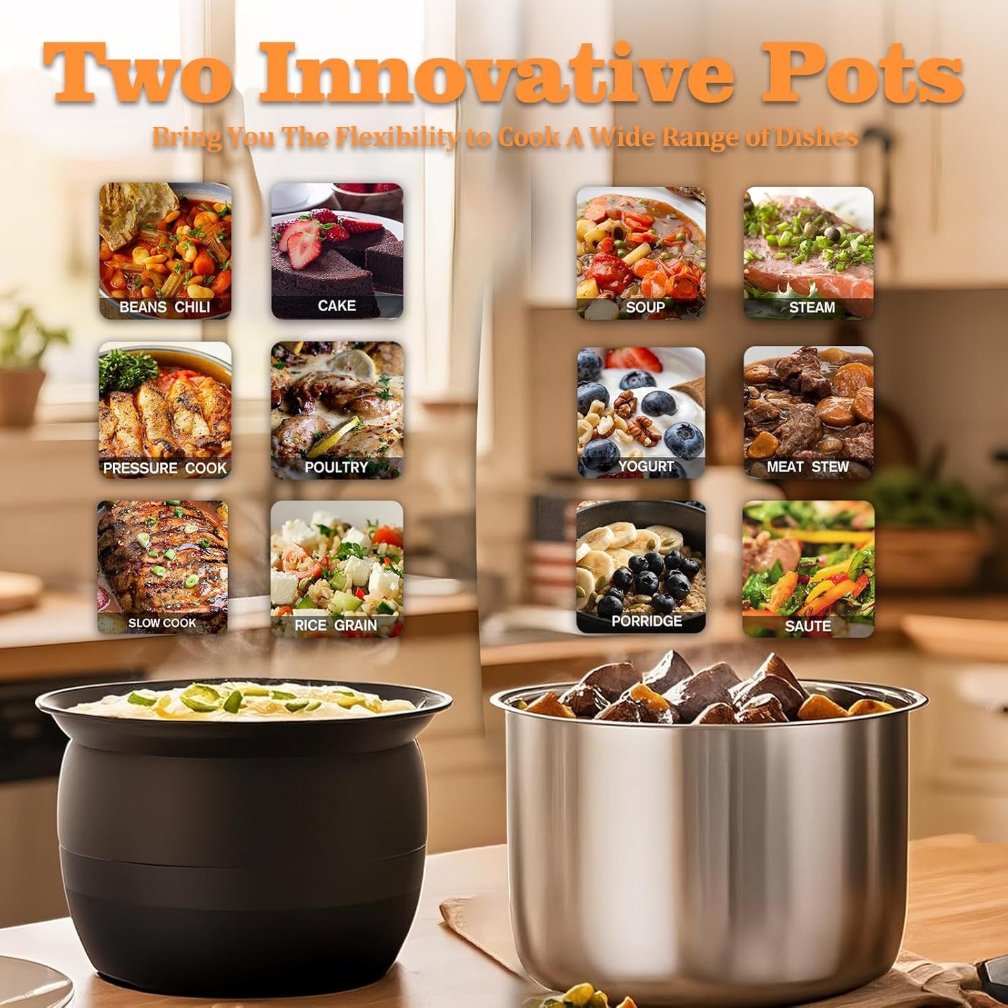 Fullwill Electric Pressure Cooker 6QT Dual Pots, 12 in 1 MultiFunction Cooker with 304 Stainless Steel & Ceramic Pots, Pressure Cook, Soup, Porridge, Yogurt, Meat Stew, Rice, Poultry, Beans and More