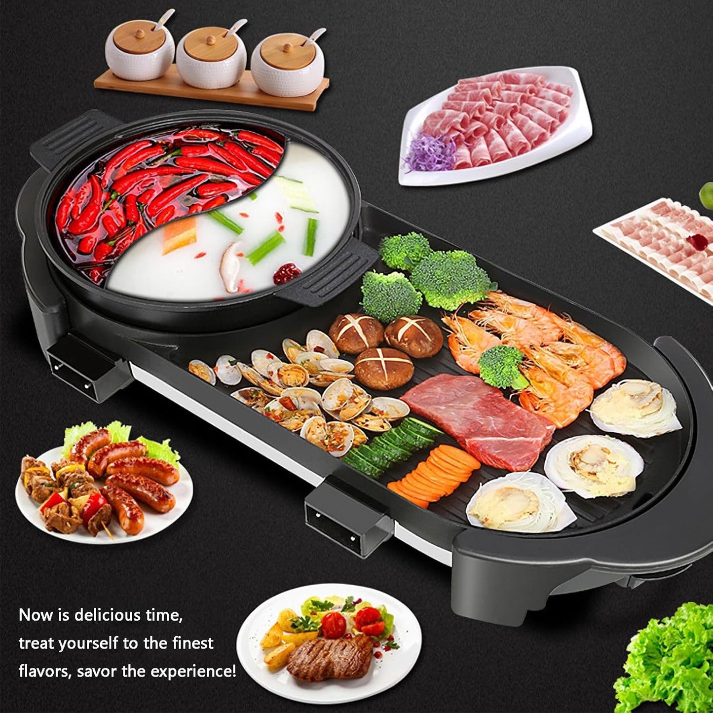 Hot Pot with Grill, Electric Hot Pot 2 in 1 Shabu Shabu Hot Pot Korean BBQ Grill, Removable Hotpot Pot 1200W / Large Capacity Baking Tray, Separate Temperature Control, Electric Grill for 2-12 People