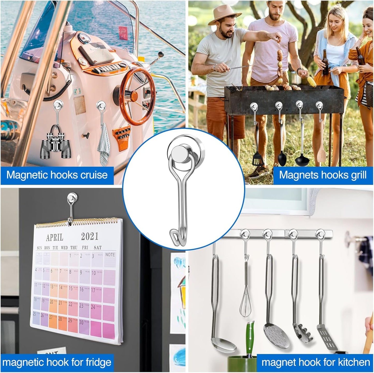 LOVIMAG Hooks, 30lbs+ Magnetic Magnet Hook 2025 Cruise Cabin Ship Essentials Heavy Duty Strong Refrigerator Fridge Hanging for Classroom Beach Vacation Kitchen Grills Home Mug Hanger (6 Pack), Silver