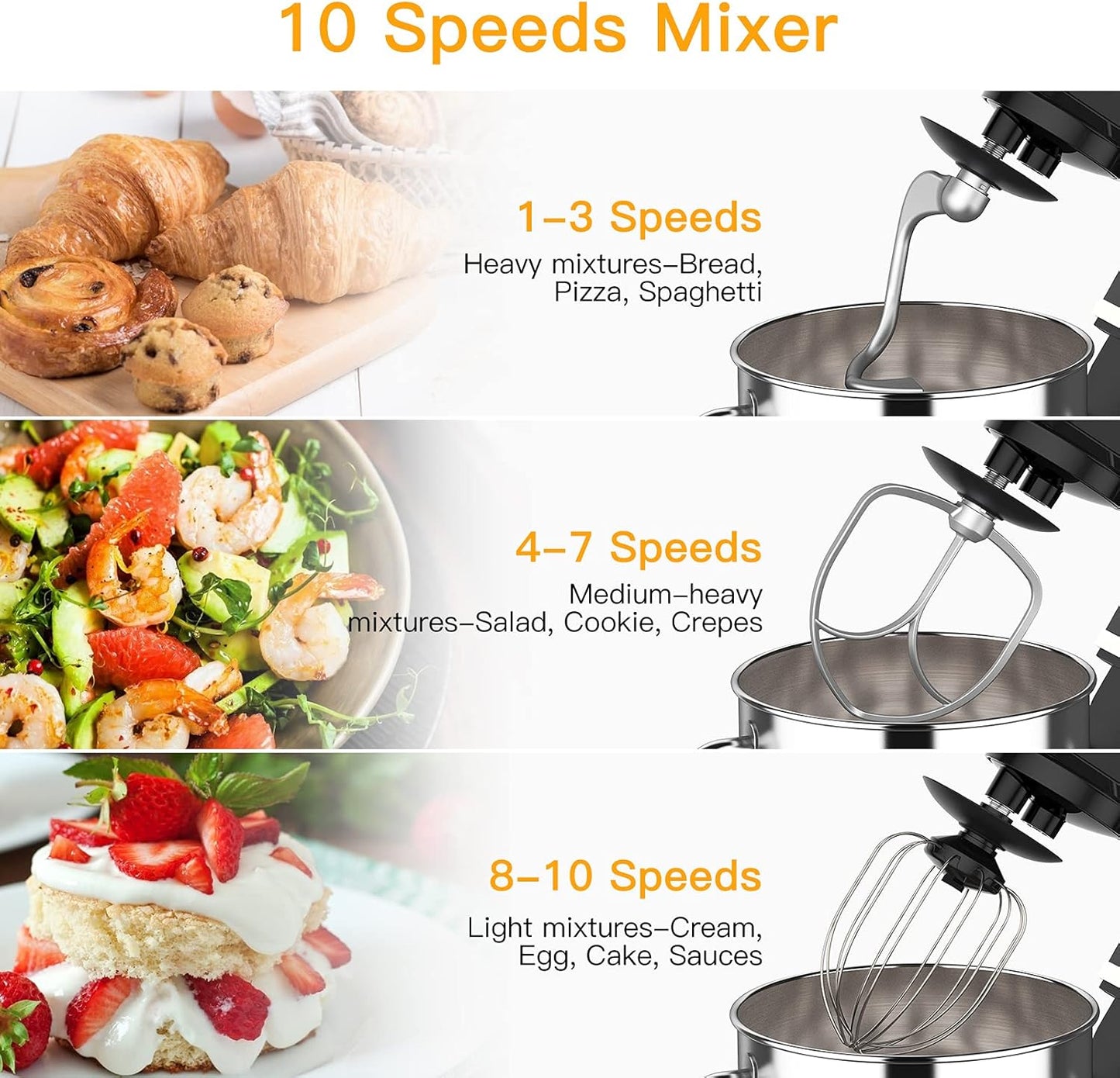 Garvee 7.5QT Stand Food Mixer, 10-Speed Tilt Head 3-IN-1 Kitchen Electric Mixer with Stainless Steel Bowl, Egg Whisk, Dough Hook, Beater, Splash Guard, Compact Dough Mixer for Home Cooks, Black