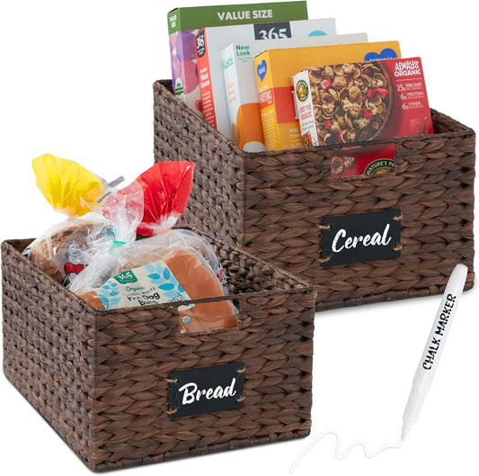 Best Choice Products Pantry Baskets Set of 2 16x12in Water Hyacinth Storage Baskets, Woven Wicker Organizers with handles w/Chalkboard Label Chalk Marker - Brown