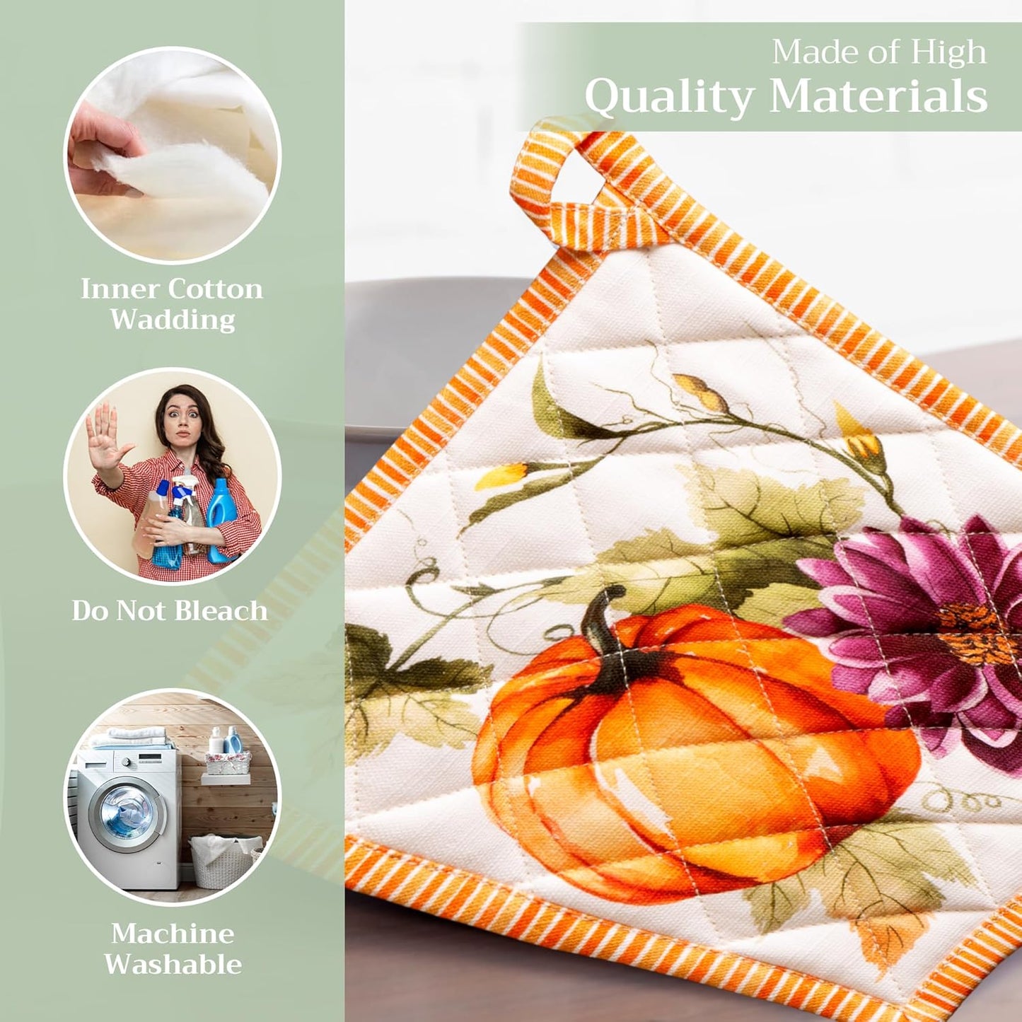 Maison d' Hermine Pot Holders 100% Cotton Heat Resistant Potholders 8" x 8" Hot Pads with Loop BBQ, Cooking, Baking, Grilling, Kitchen, Handling Hot Pans (Pack of 1, Pumpkin Garden - Cloudy Cream)