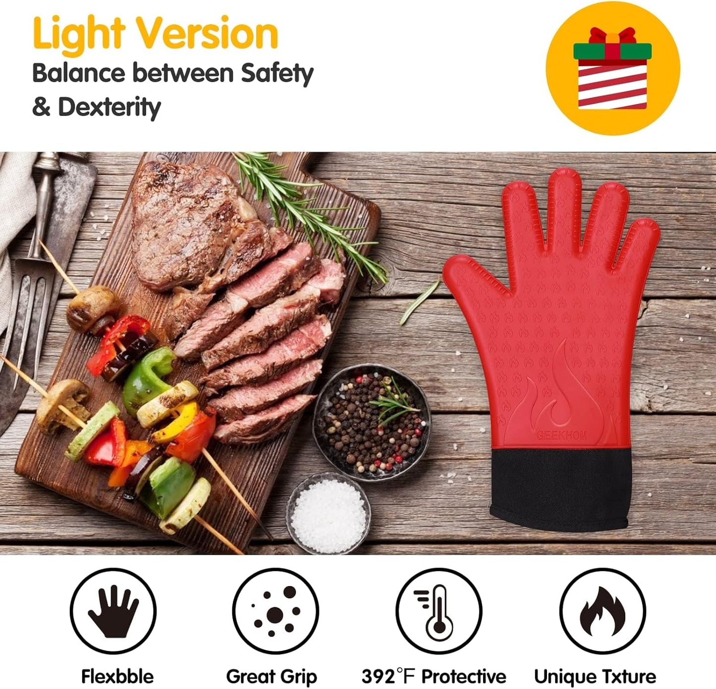GEEKHOM Silicone Grilling Gloves, Heat Resistant Oven Mitts, BBQ Gloves, Waterproof Non-Slip for Barbecue, Cooking, Baking, Fryer, Red