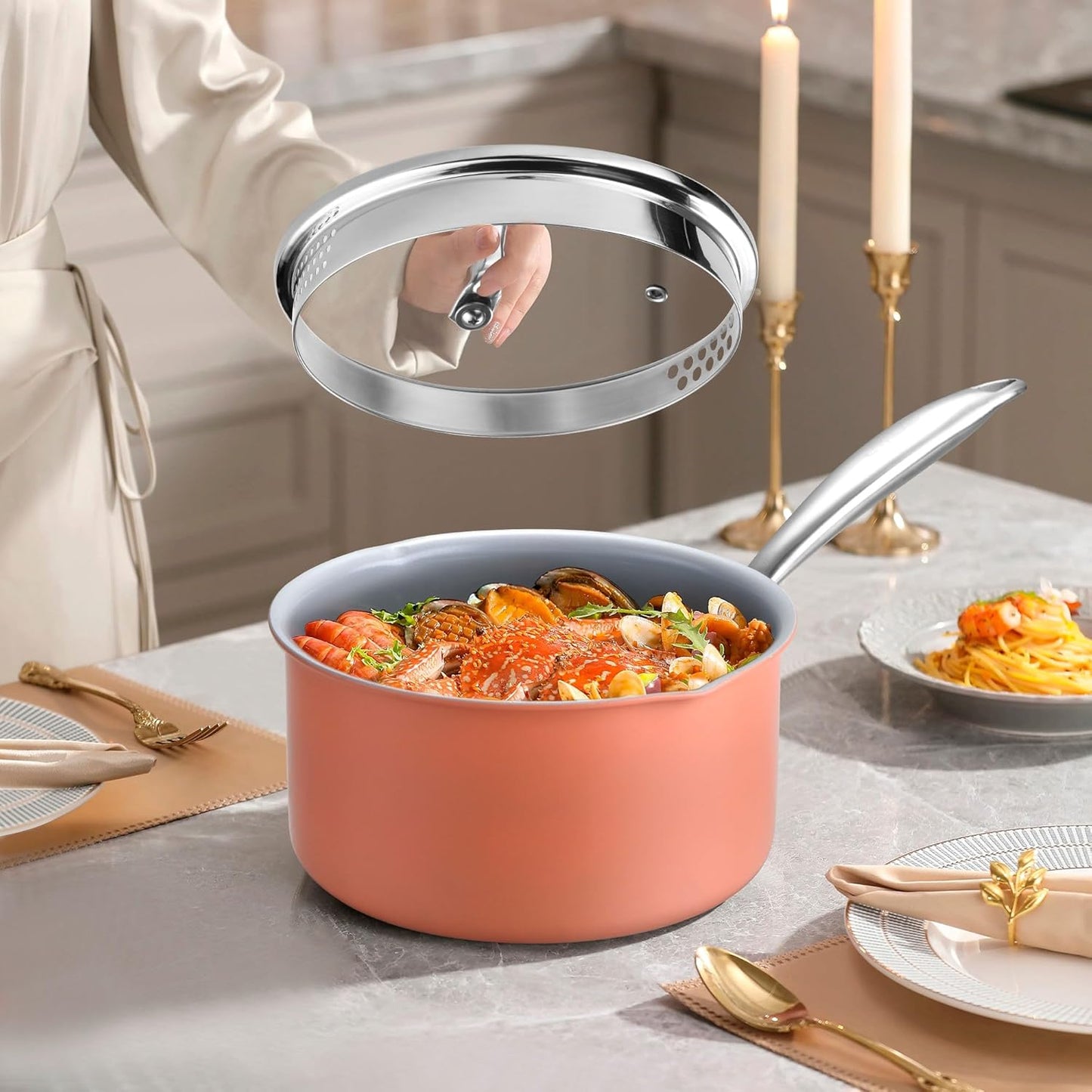 2 qt Nonstick Sauce Pan with Lid, Ceramic Saucepan Small Cooking Pot Non Toxic, PTFE & PFOA Free - Oven Safe & Compatible with All Stovetops (Gas, Electric & Induction)-Perracotta