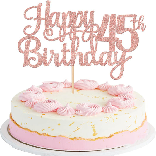 1 PCS Happy 45th Birthday Cake Topper Glitter Cheers to 45 Years Birthday Cake Pick 45 Fabulous Cake Decoration for Happy 45th Birthday Theme Party Decorations Supplies Rose Gold