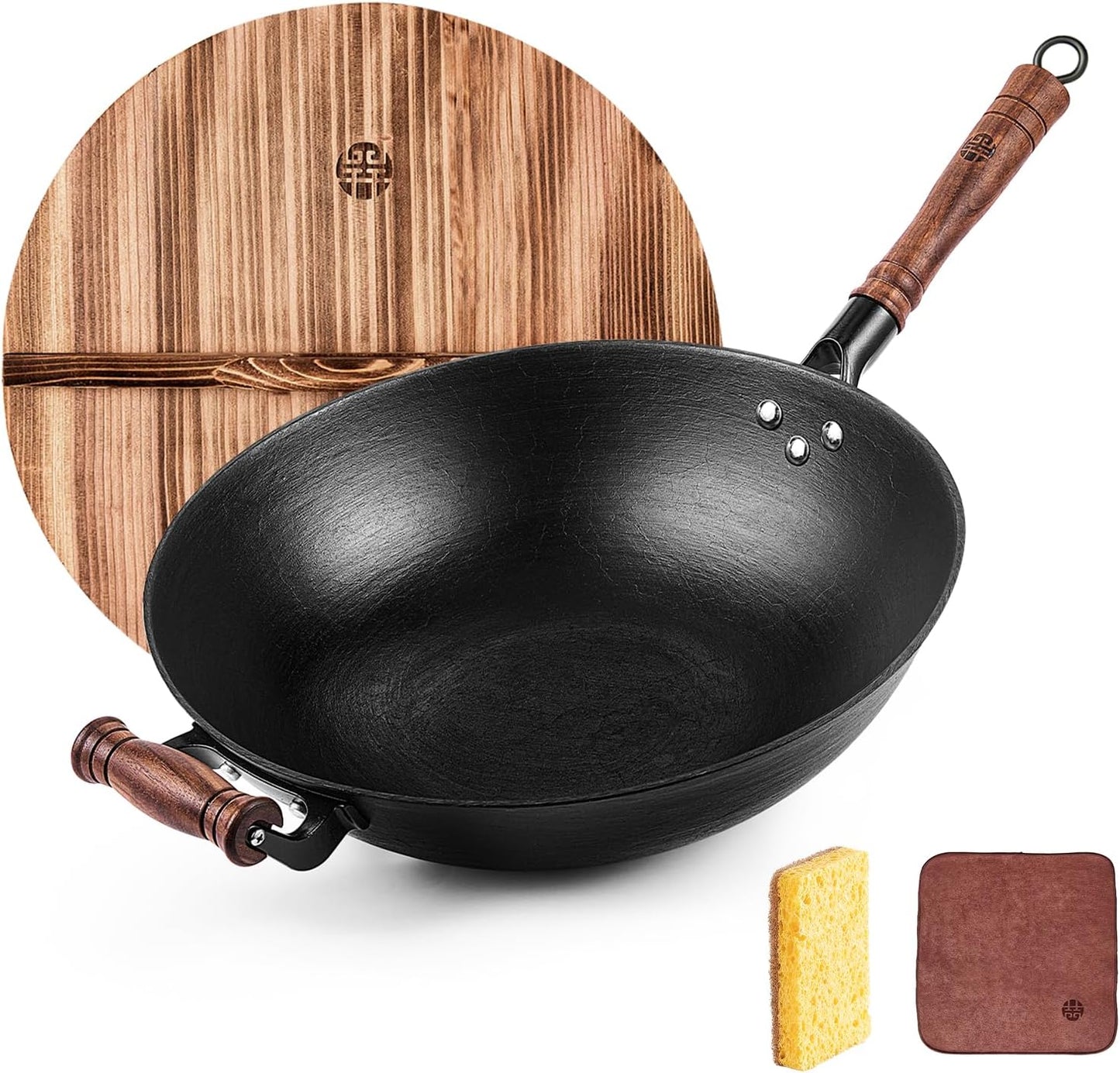 WANGYUANJI Cast Iron Wok Pan 12 inch Flat Bottom with Wooden Handle and Lid, Large Wok Stir Fry Pan Suitable for All Cooktops, Chinese wok with Free Dishcloth and Brush