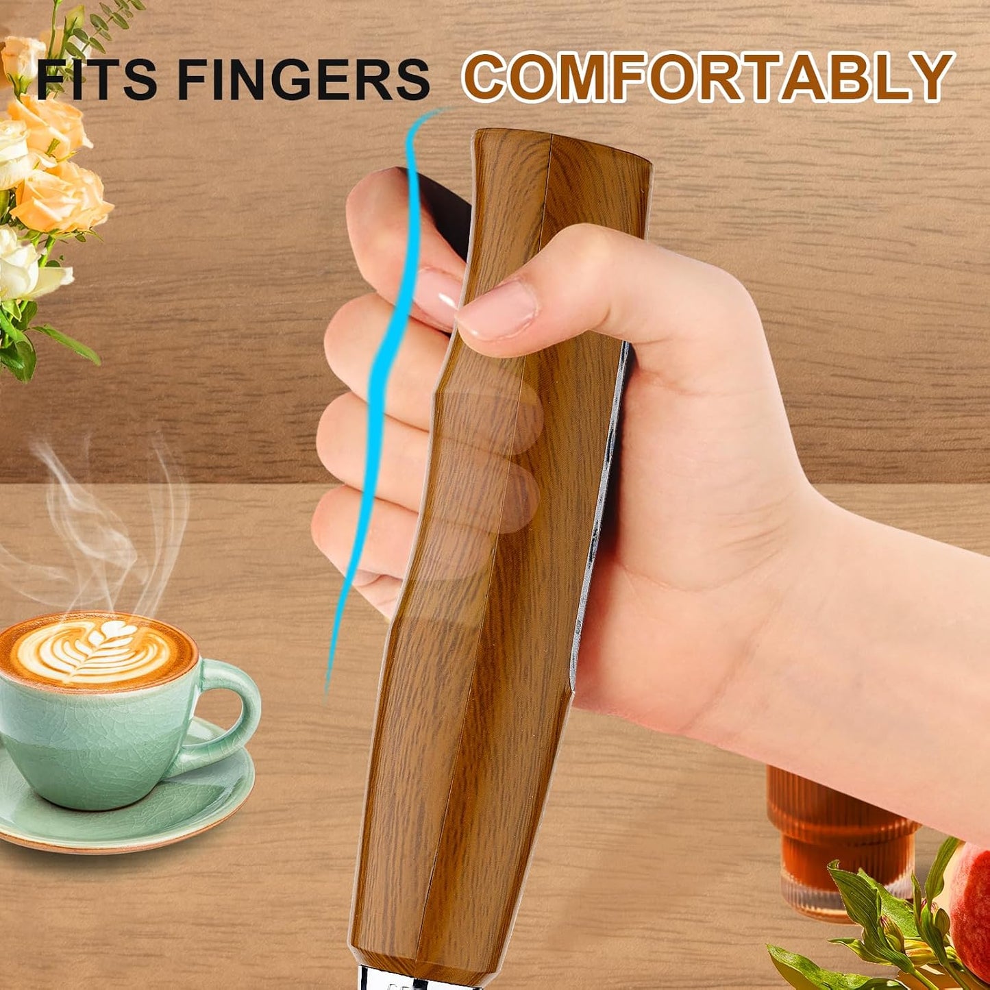 YUSWKO Wood Grain Handheld Milk Frother Wand for Coffee, Rechargeable Electric Whisk with 3 Heads 3 Speeds Drink Mixer Coffee Frother For Latte, Cappuccino, Hot Chocolate, Egg