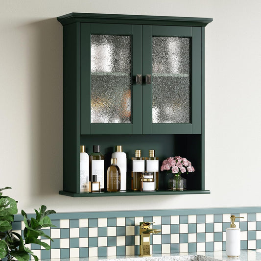 Bathroom Cabinet Wall Mount, Medicine Cabinet Over Toilet Storage Cabinet with Glass Door Build-in Spirit Level Cupboard Hanging Storage for Bathroom Laundry Kitchen Living Room (Forest Green)
