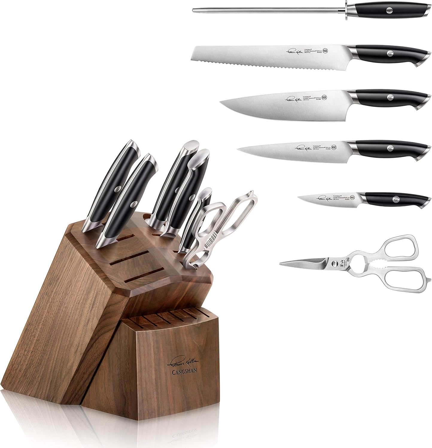 Cangshan Thomas Keller Signature Collection Swedish Powder Steel Forged, 7-Piece Knife Block Set, Walnut Block with 8 Spare Slots, Black