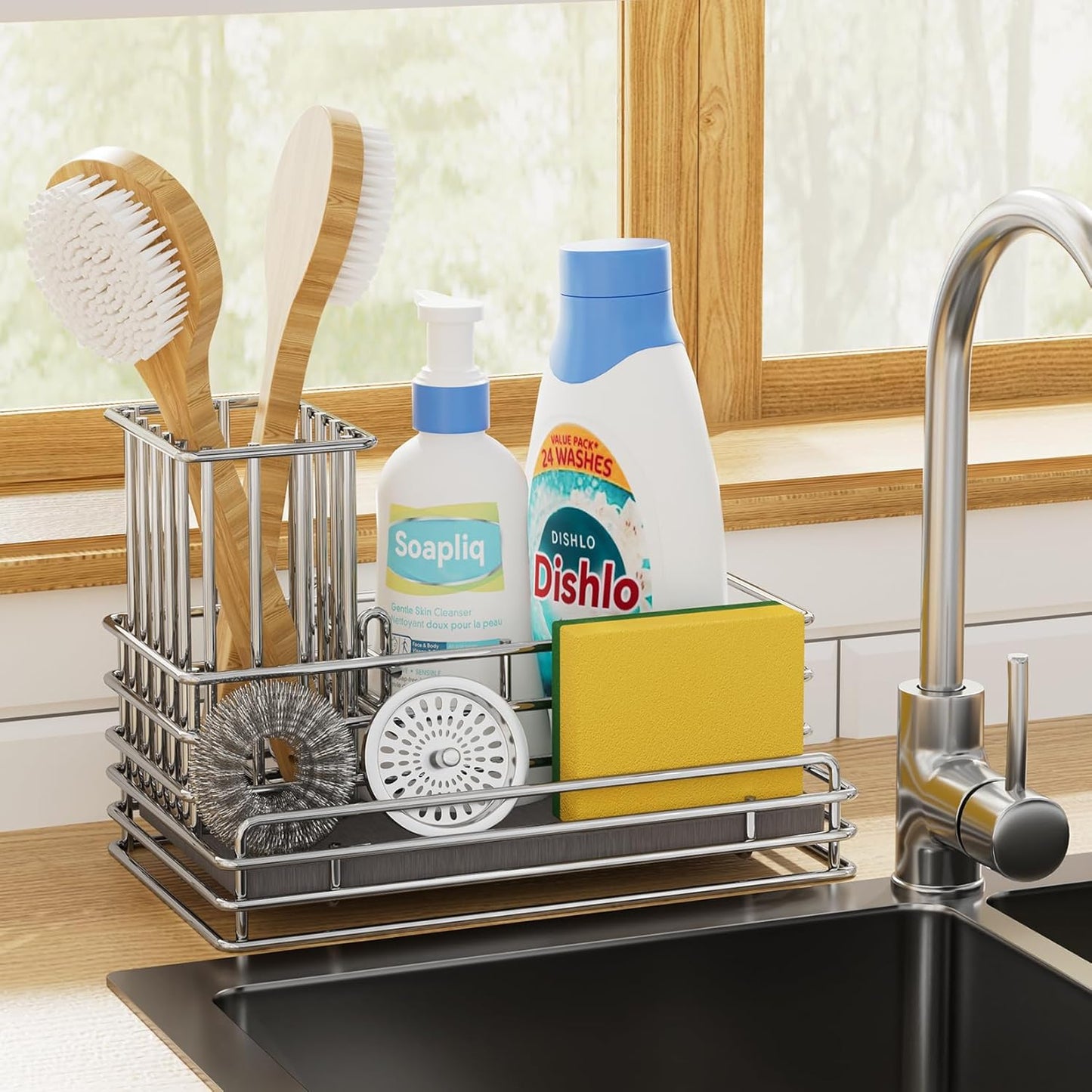 Yofidra Kitchen Sink Caddy with Instant Drying Stone, Metal Stainless Steel Dish Sponge Holder Basket for Sponges, Scrubbers, Soap, 9.5" X 5.5" X 5.7" Sink Box Organizer