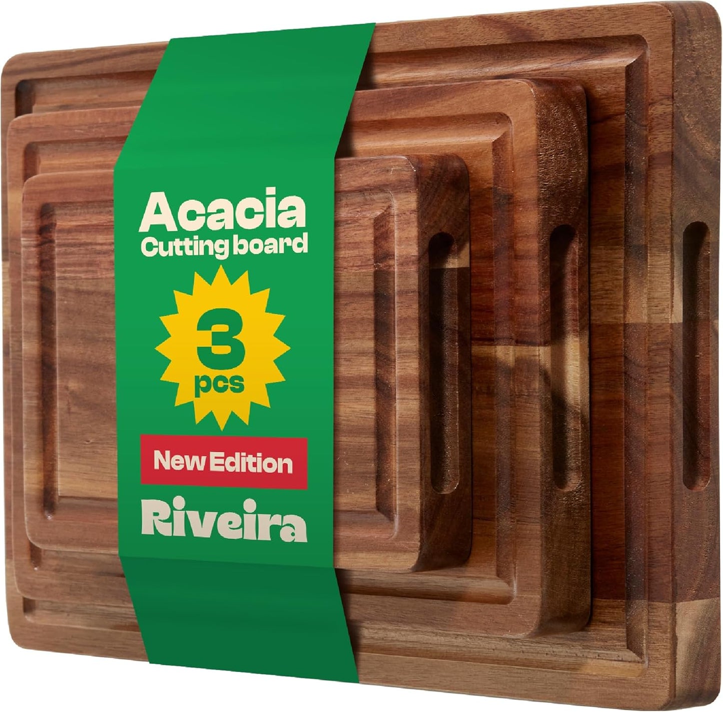 Riveira Acacia Wood Cutting Board – Versatile and Durable: Set Of 3 Pcs Rectangular Wooden Cutting Board – Natural Wooden Cutting Boards For Kitchen – Complete Acacia Wooden Chopping Board