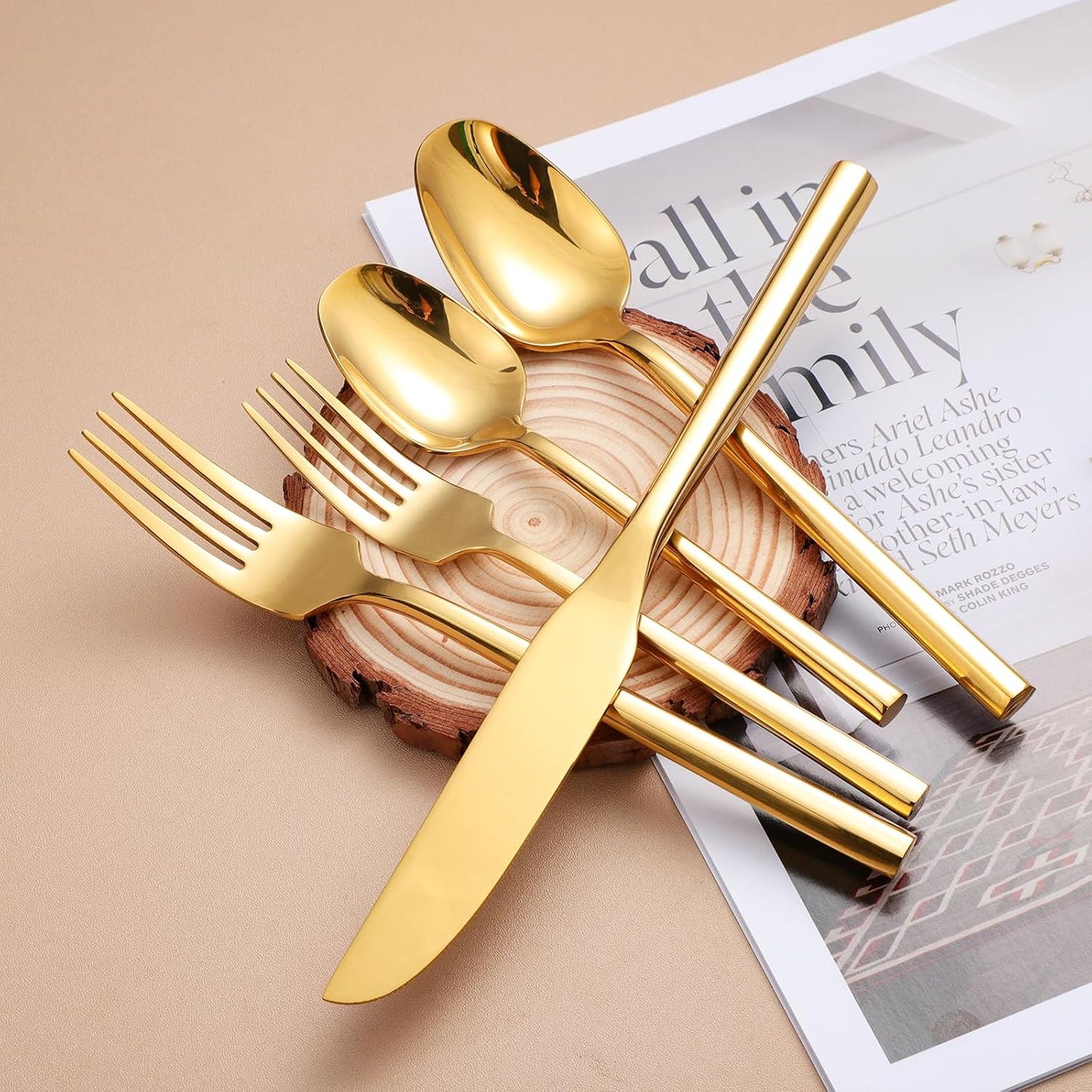 Mirror Silverware Set Gold Flatware Set with Hexagon Handle 20 Pieces 18/0 Stainless Steel Cutlery Set Wedding Housewarming Gift Service for 4 (Mirror gold)