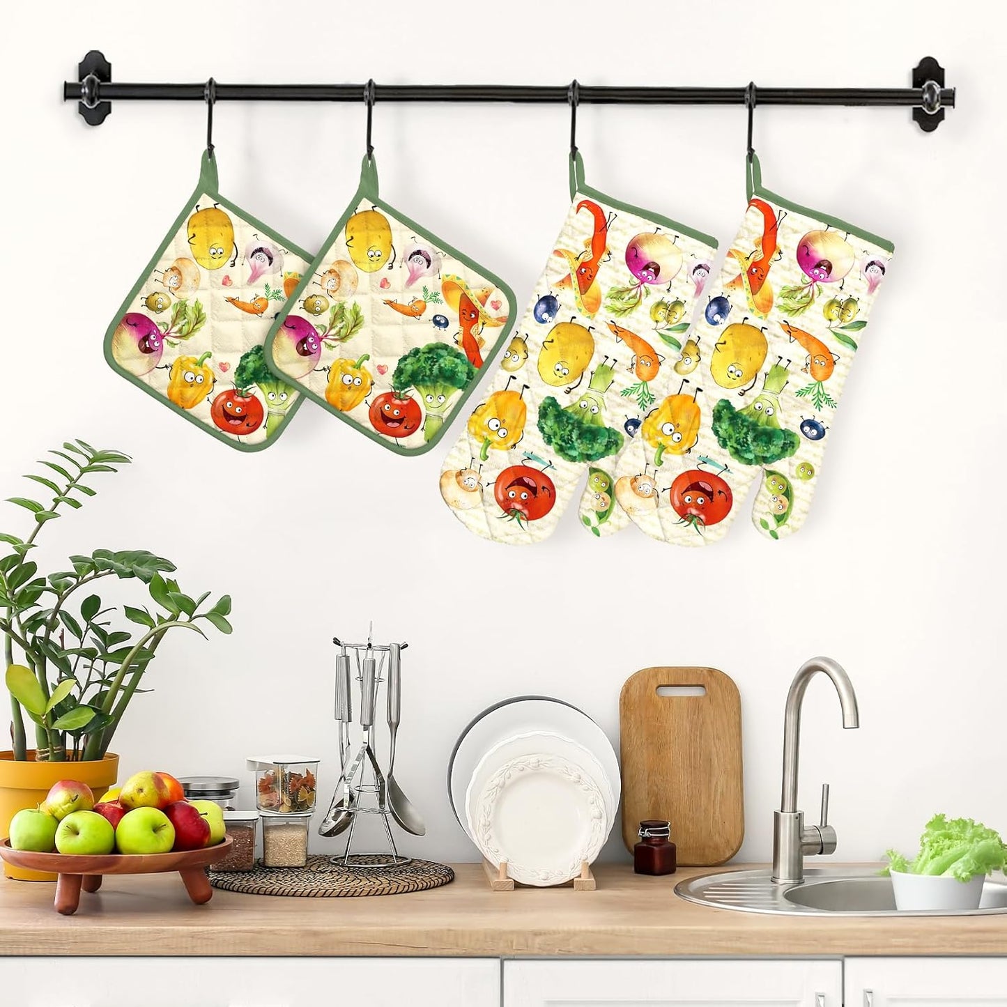 Vegetables Oven Mitts and Pot Holders Sets 4Pcs, 100% Cotton Heat Resistant, Extra Long Oven Gloves Potholder for Kitchen Cooking Baking Decoration
