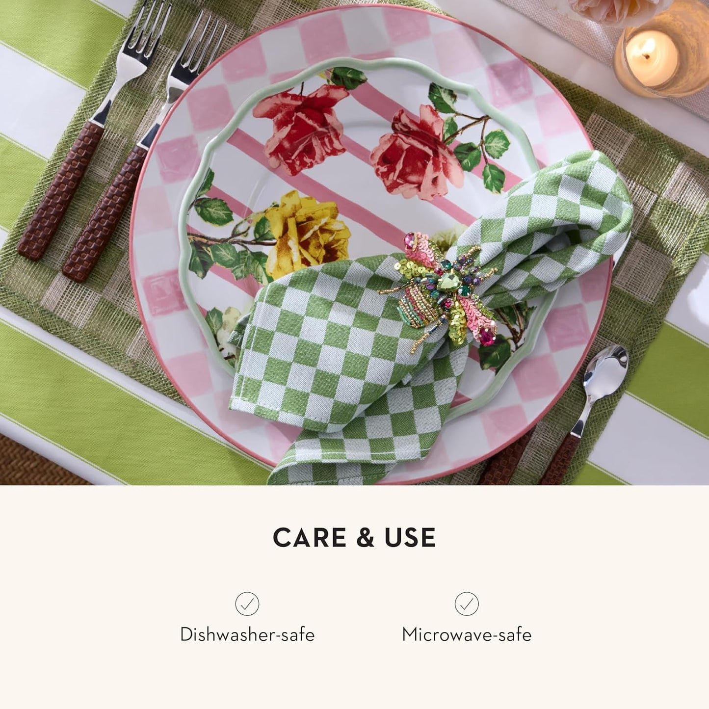 MACKENZIE-CHILDS Round Platter, Dishwasher-Safe and Microwave-Safe Stoneware Serving Platter, Pink Check