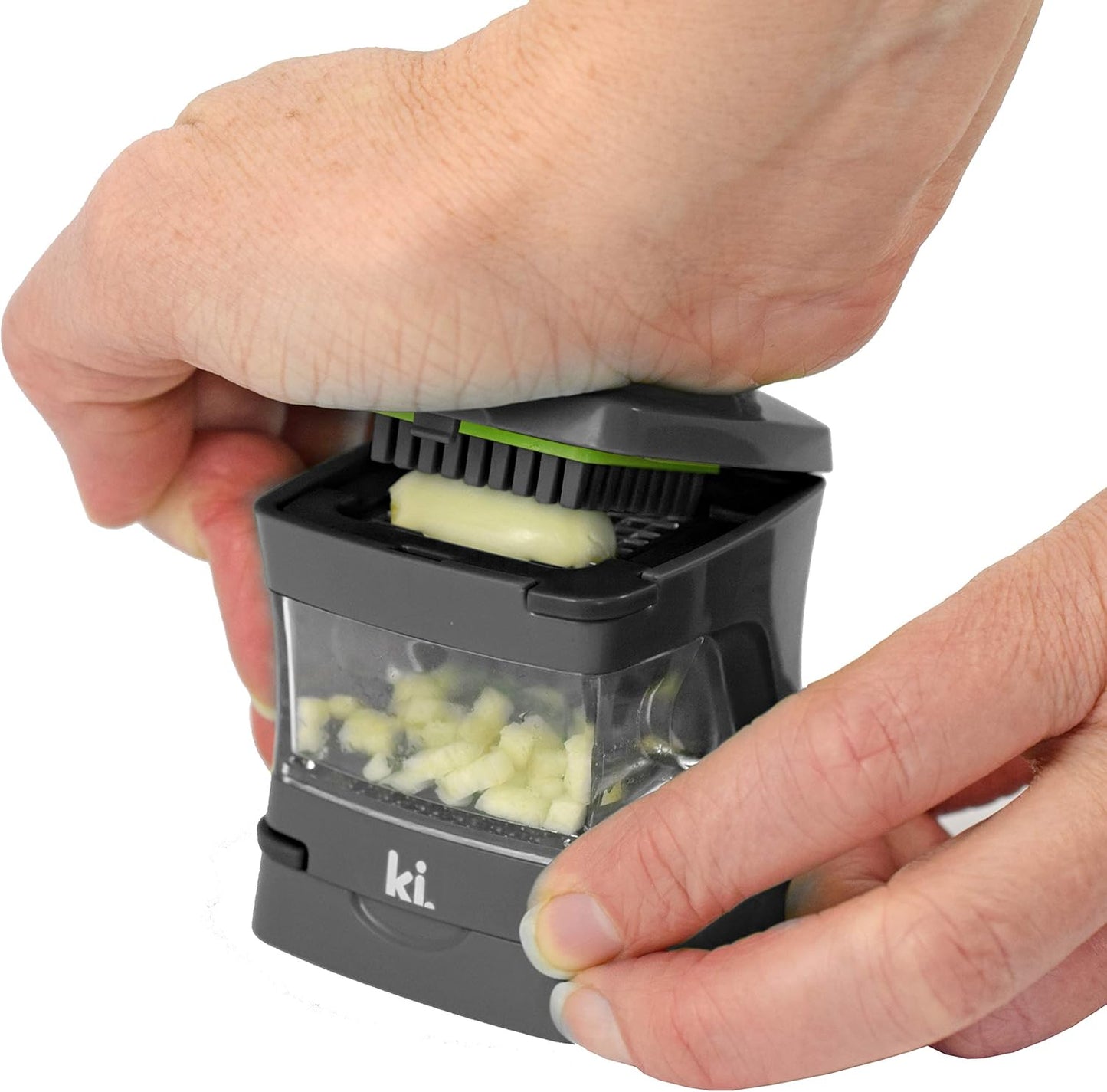 Garlic-A-Peel Garlic Press, Crusher, Cutter, Mincer, and Storage Container - Includes Silicone Garlic Peeler - Easy to Clean - Stainless Steel Blades – (Grey), standard