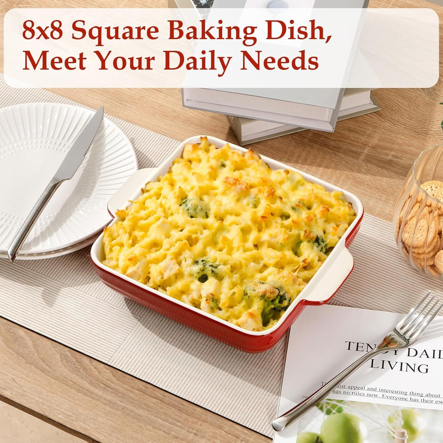 NUTRIUPS 8x8x2.4 inch Square Baking Dish, 50 Oz /1.6 Qt Ceramic Baking Pan with Handles, Casserole Dish for Oven, Porcelain Bakeware (Gradient Red)