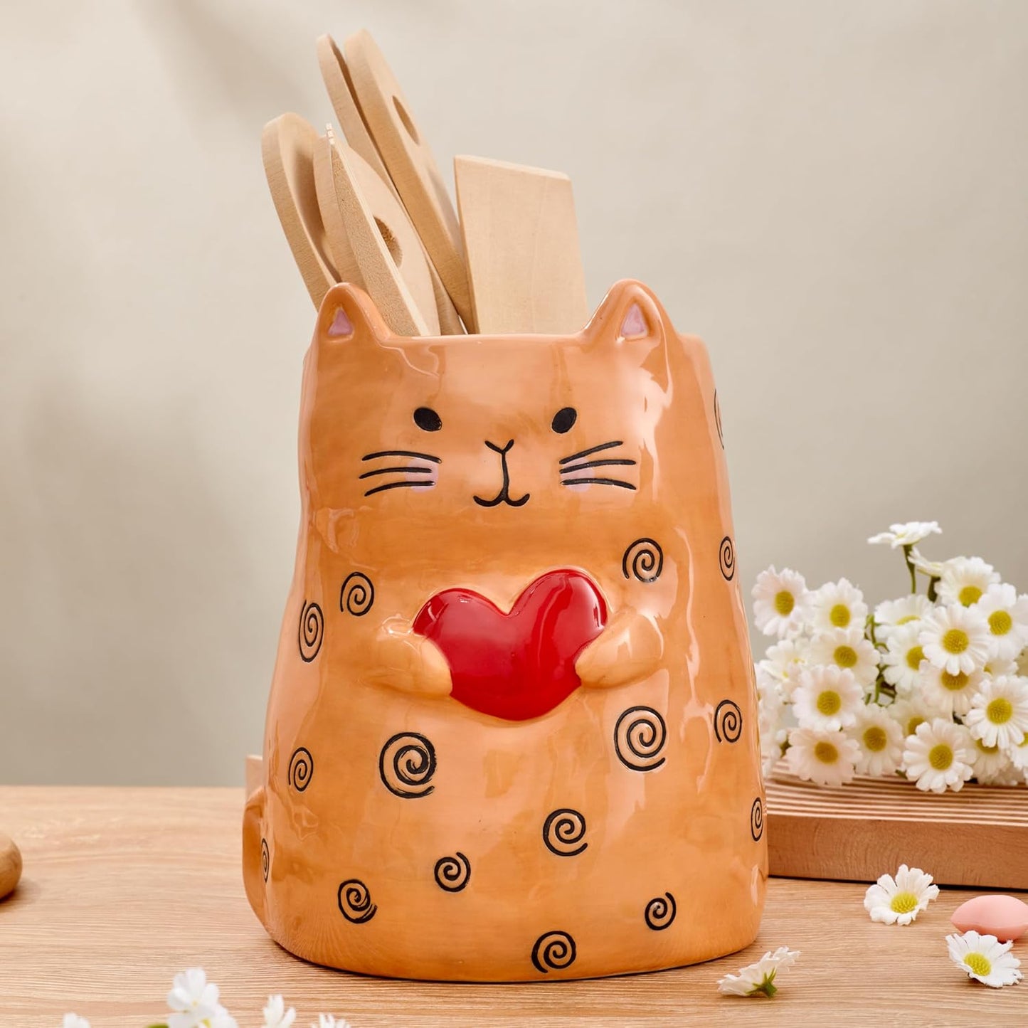 Bico Cartoon Cat Handpainted Stoneware Orange 7.8 inch Utensil Holder, Dishwasher Safe