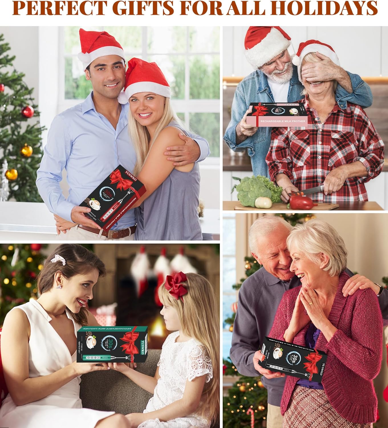 YUSWKO Milk Frother Handheld for Coffee, Rechargeable Drink Mixer with 3 Heads 3 Speeds Electric Coffee Frother Whisk, Gift for Many Occasions and Festival