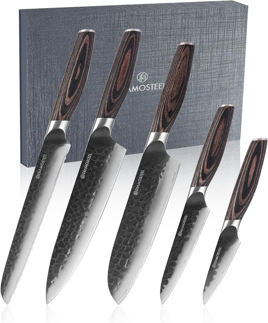 Knife Set - 5 Pieces Knives Set for Kitchen High Carbon 9CR18MOV Steel, Hammered Black Oxide Blade & Pakkawood Handle - Profession Chef Knife Set Elegant Holiday Gift for Chefs