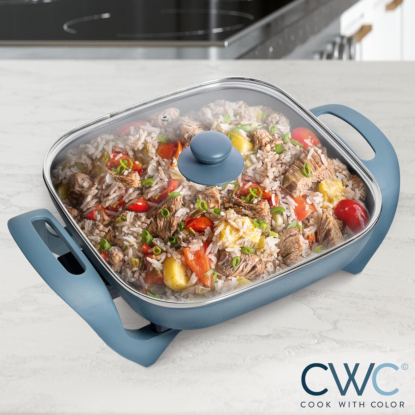 COOK WITH COLOR Electric Skillet - 12" x 12" Ceramic Nonstick Pan, PFAS-Free, 1400W, Tempered Glass Lid, Variable Temperature, Removable Heating Probe, Cool-Touch Handles, Slate Blue