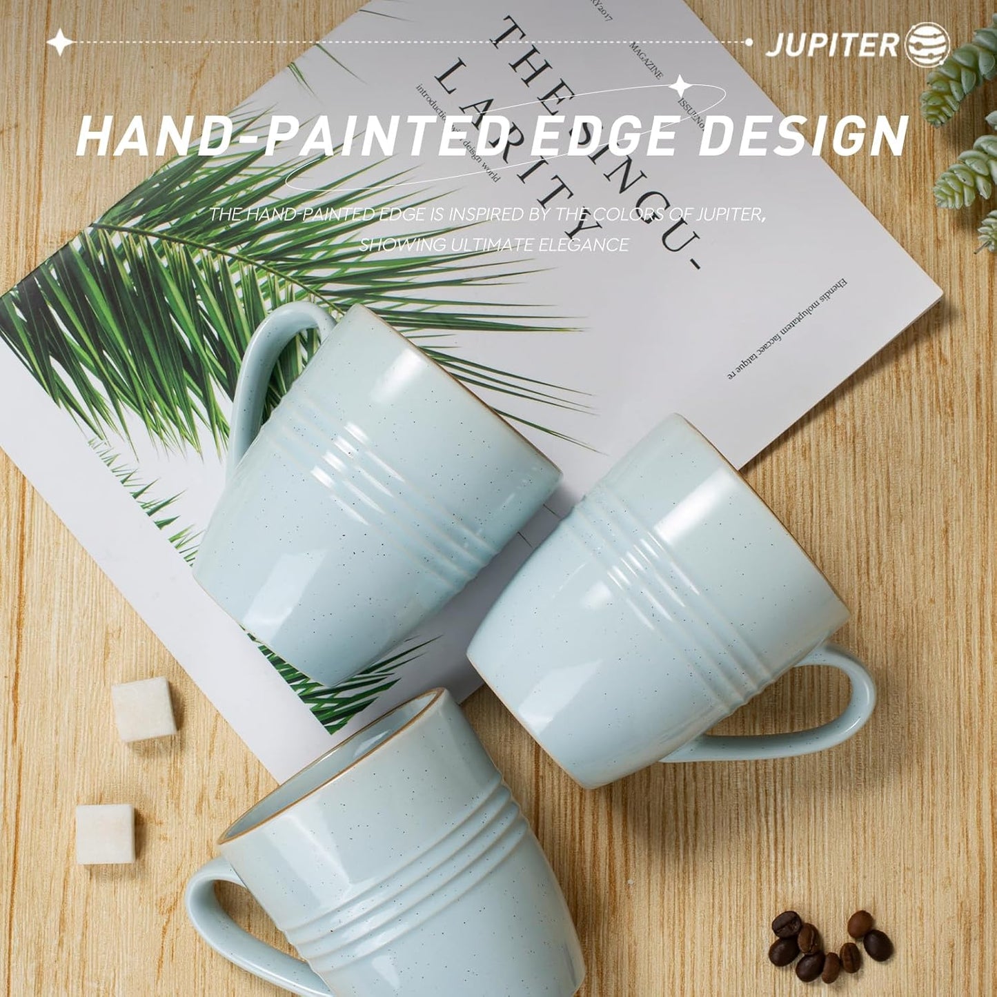 famiware Jupiter Coffee Mugs Set of 4, 14 OZ Coffee Mug, Microwave and Dishwasher Safe, Coffee Cups with Handle for Coffee, Tea, Cocoa, Milk, Light Blue