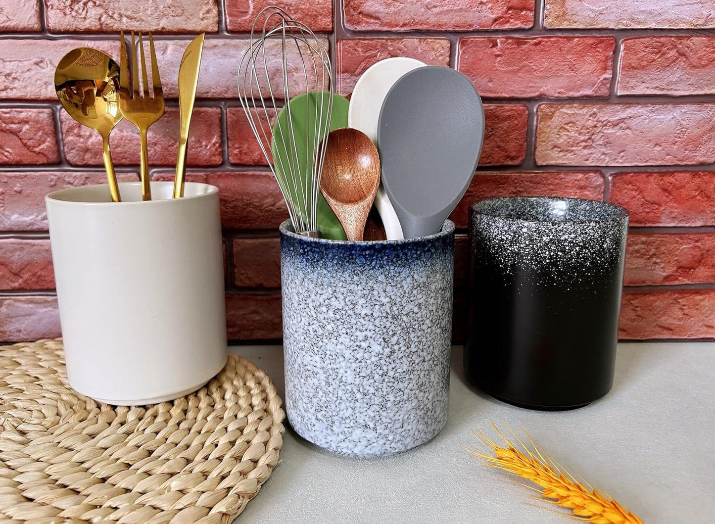 Medium Stoneware Kitchen Utensil Holder for Kitchen Counter Short Cooking Utensil Holder for Countertop Spatula Holder Small Utensil Crock Cutlery Holder Silverware Caddy Flower Vase (Stone Blue)