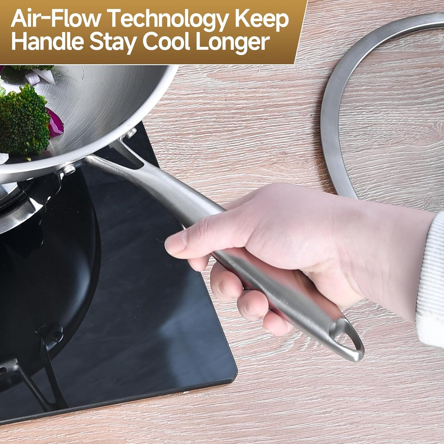 LOLYKITCH 12 Inch Tri-Ply Stainless Steel Wok Pan with Lid, Stir-Frying Pan,Induction Cooking Pan,Dishwasher and Oven Safe,Heavy Duty and Detachable Handle.