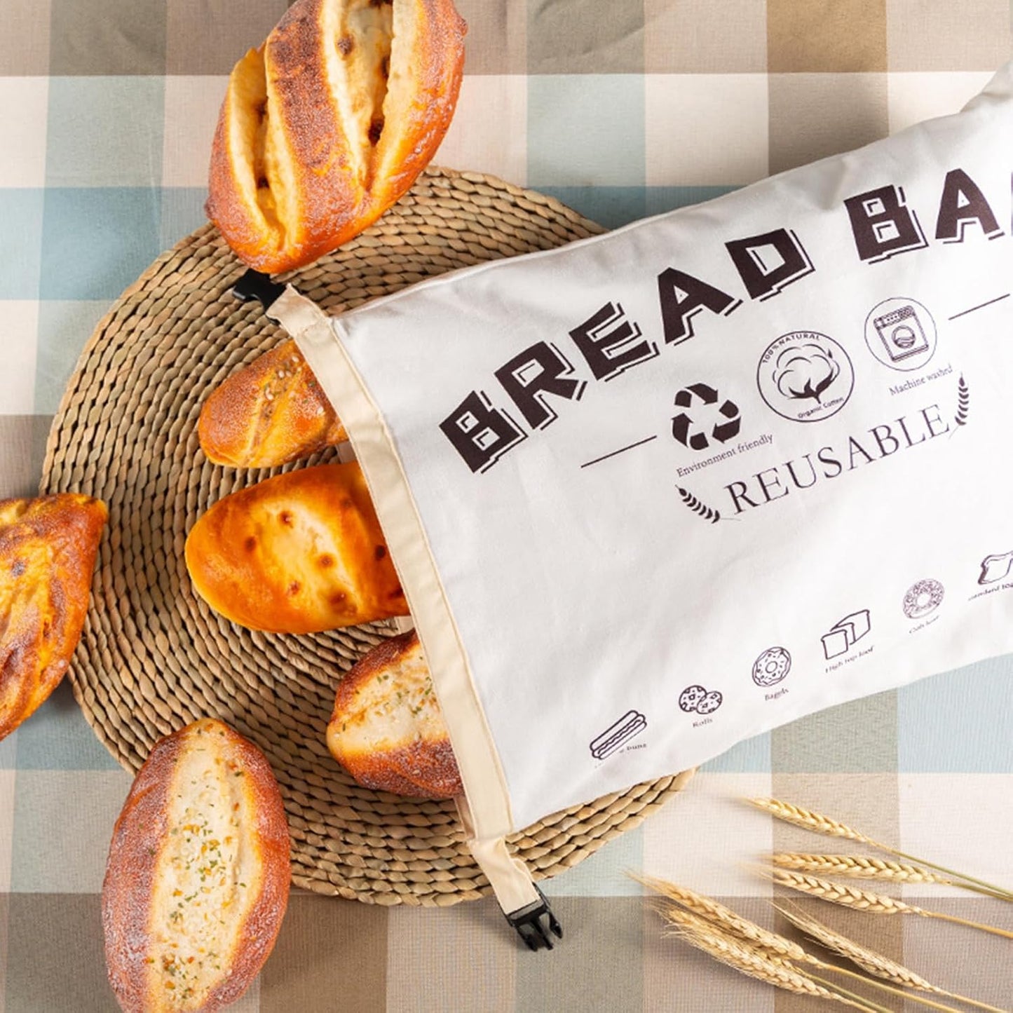 2-Pack Bread Bags, Reusable Bread Bags for Homemade Bread, Buckle Closure,Fresh Keeping Extra Large Bags, Food Bag (White)