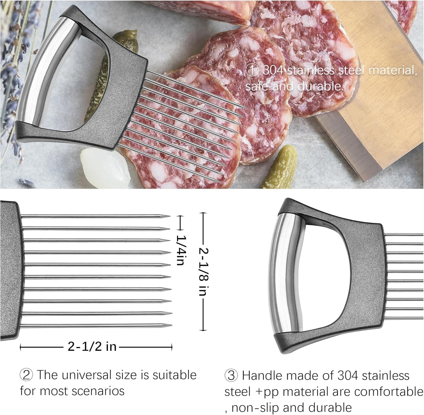 2 Pcs Onion Slicer holder, Premium Vegetable Slicing Tool for Potato and Tomato, Food Cutter Assistant Tool for Slicing Fruit Lemon and Meat, Stainless Steel Kitchen Tool (Black)